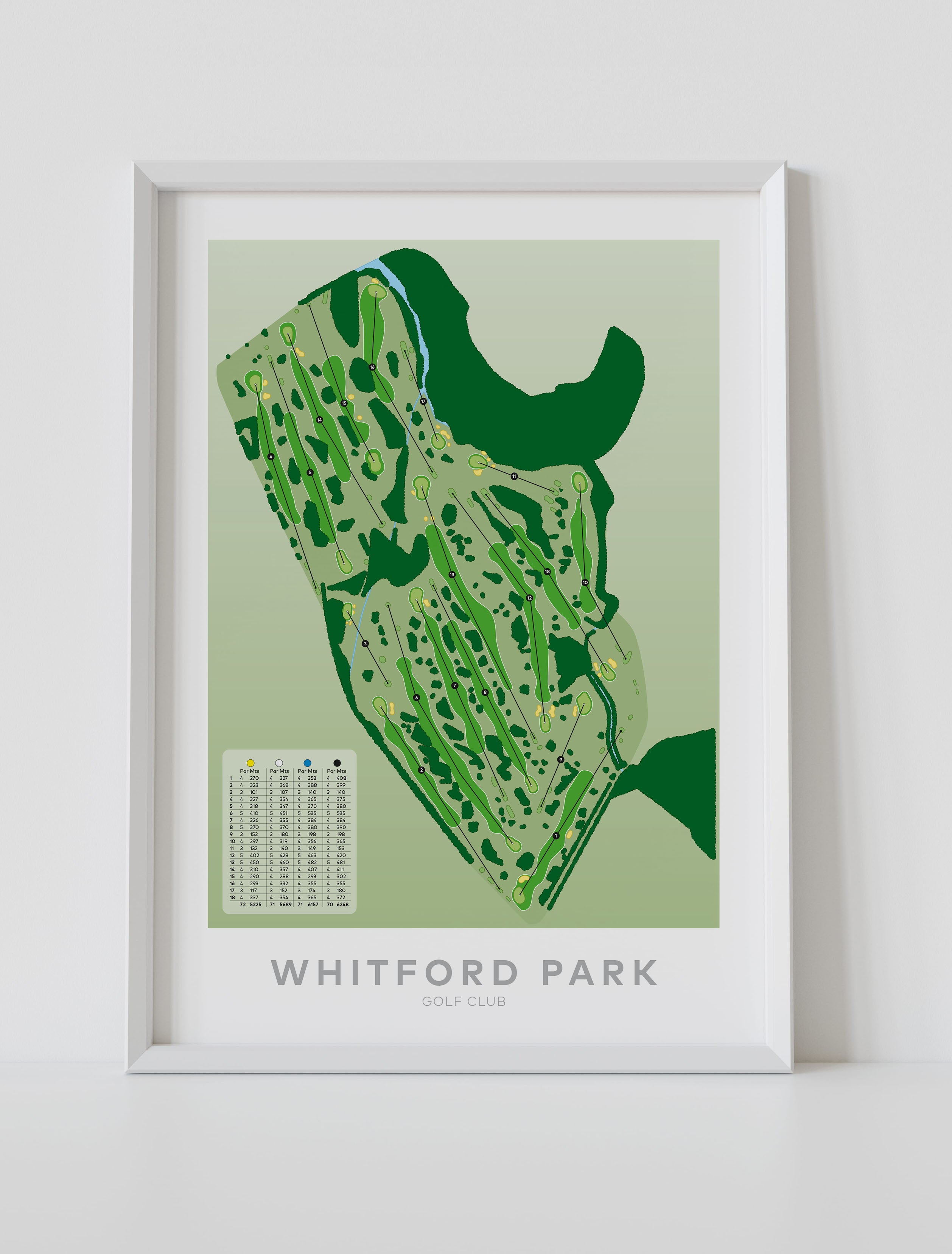 White framed Minimalist fine art map of Whitford Park Golf Course, Auckland, New Zealand