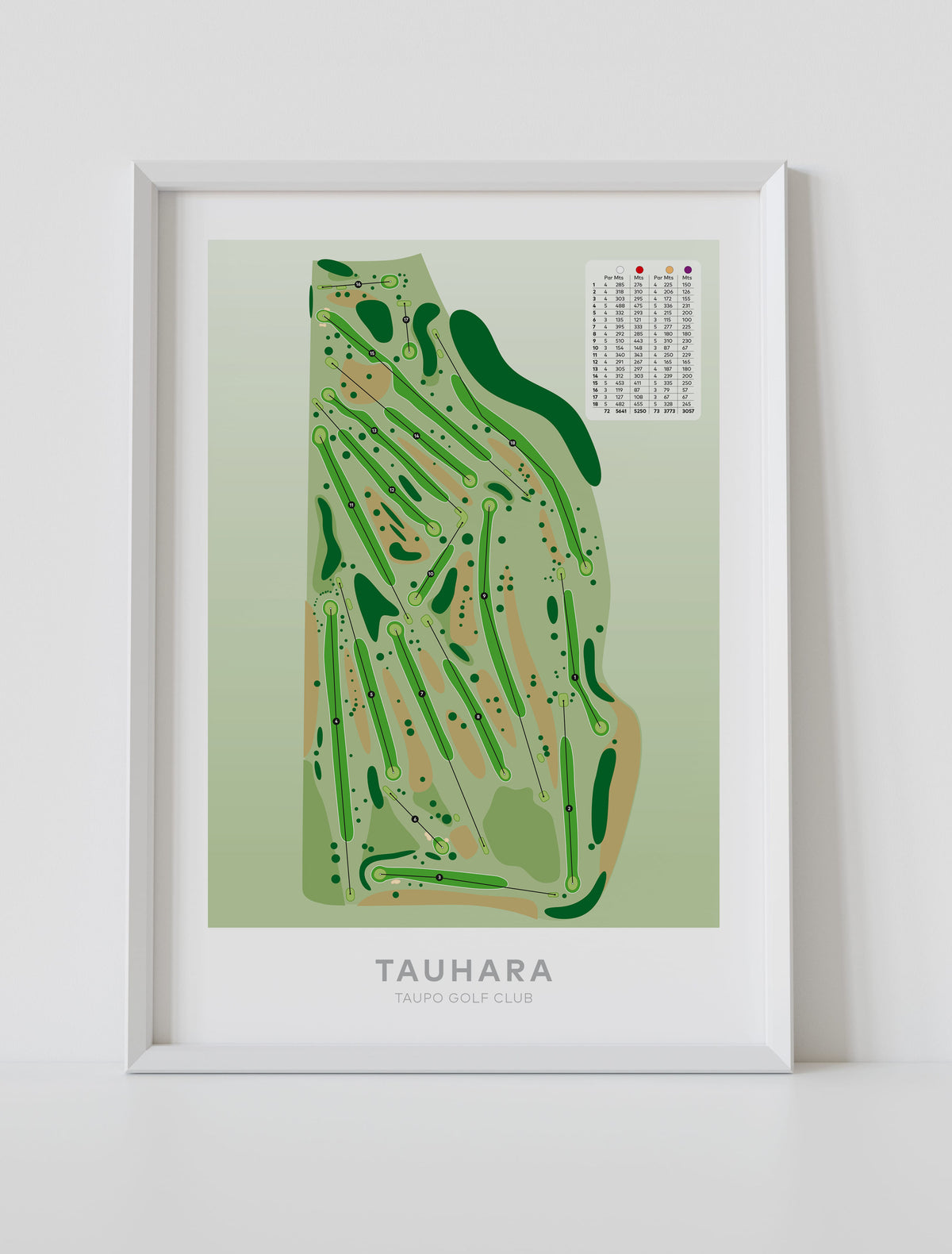 White framed Minimalist fine art map of Taupo - Tauhara Golf Course, Waikato, New Zealand