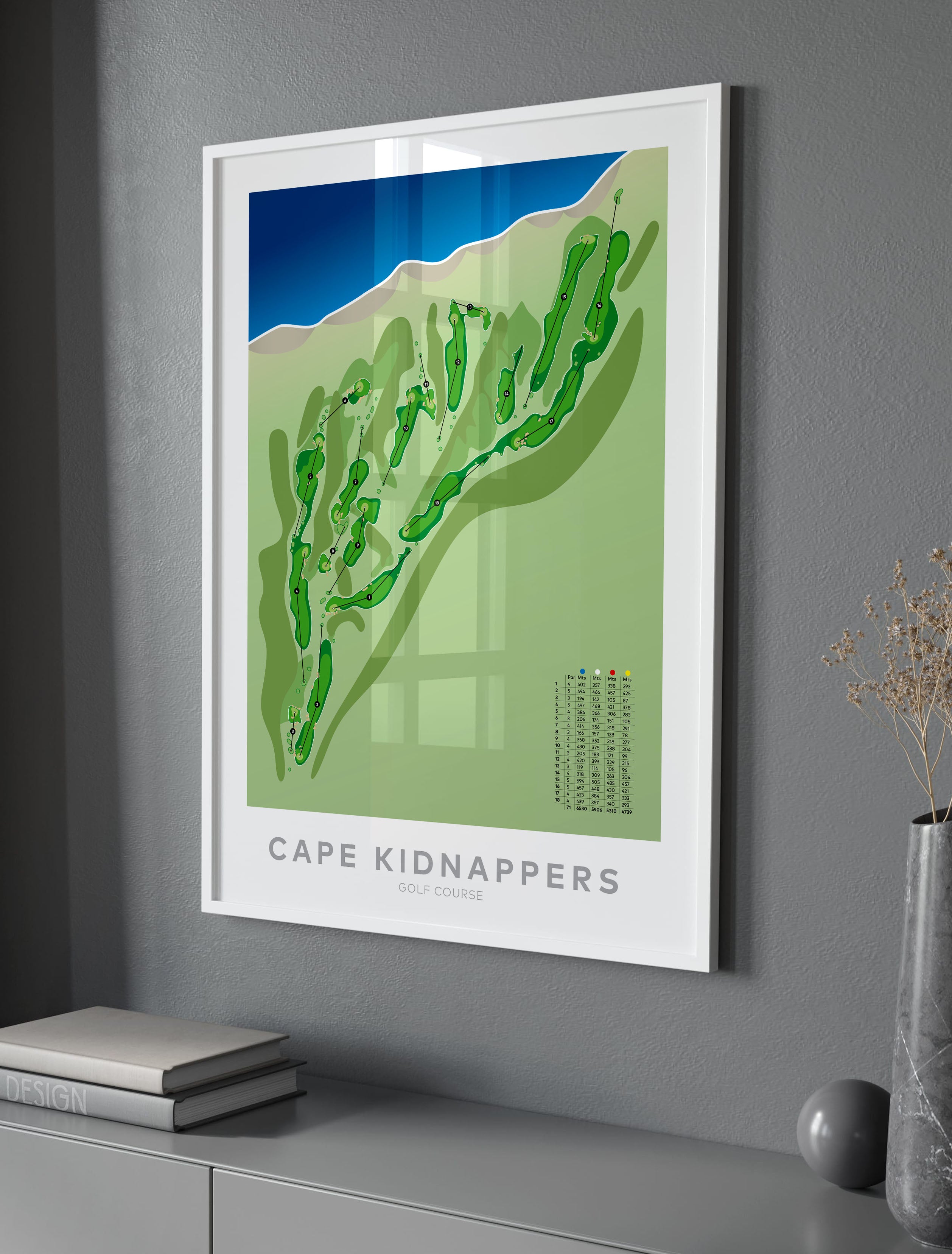 White framed minimalist fine art map of Cape Kidnappers Golf Course, Hawke’s Bay, New Zealand