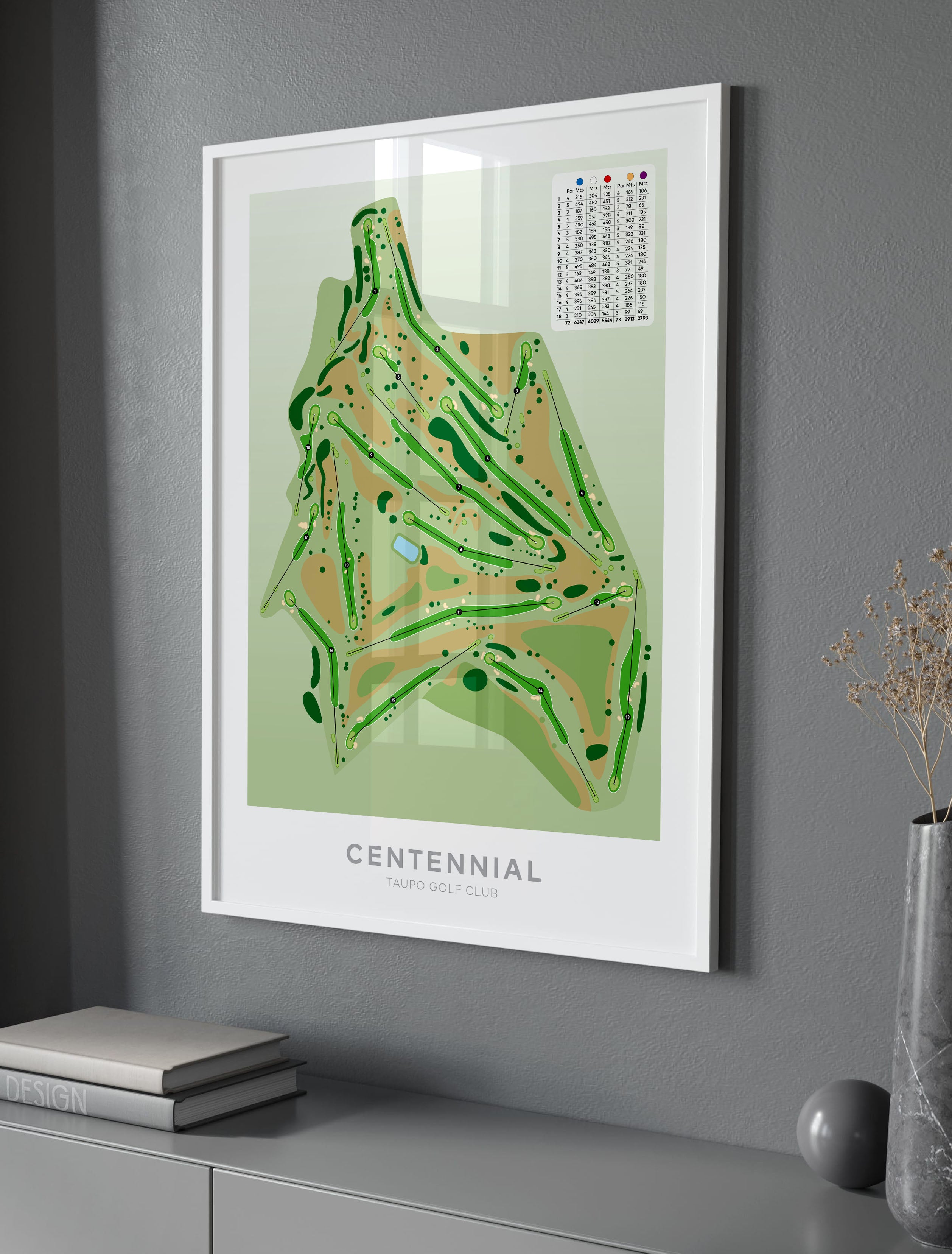 White framed Minimalist fine art map of Taupo - Centennial Golf Course, Waikato, New Zealand