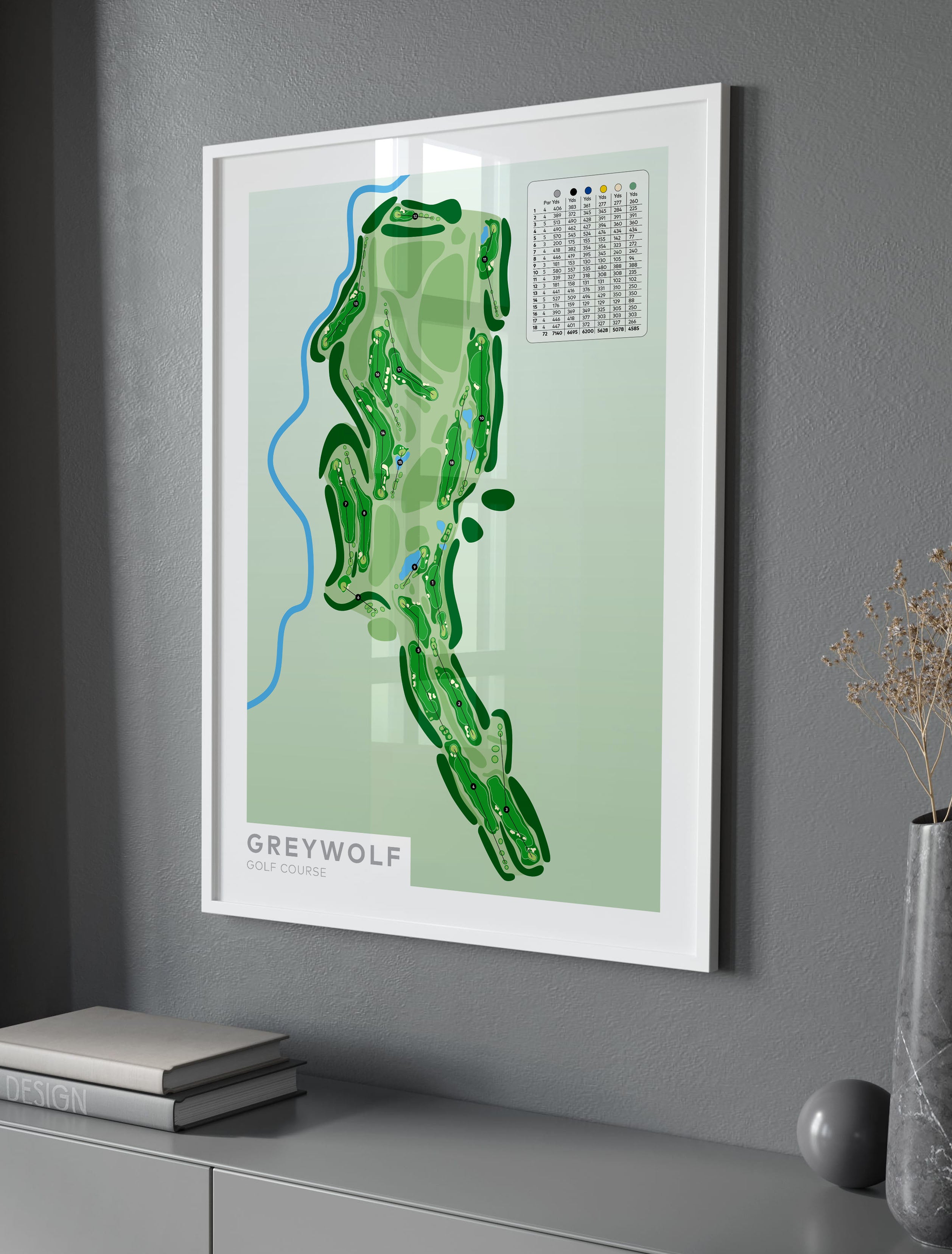 White framed minimalist fine art map of Greywolf Golf Course, Panorama, British Columbia, Canada