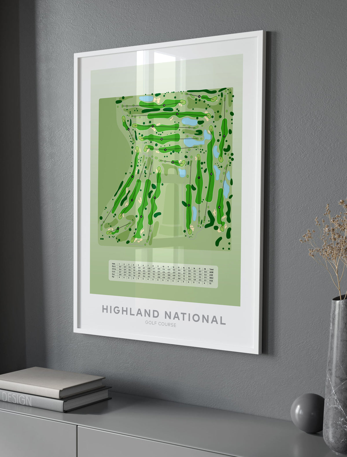 Framed minimalist golf course map of Highland National Golf Course featuring Minnesota’s most famous golf hazard: the world-renowned Snoopy bunker. 