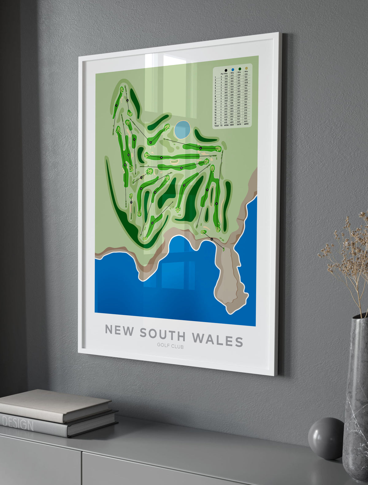 White framed minimalist fine art map of New South Wales Golf Course, Sydney, NSW, Australia-australia-golf-art