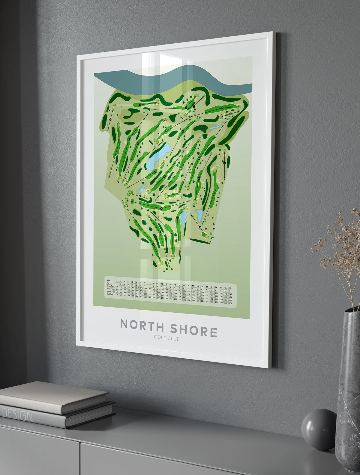 White framed Minimalist fine art map of North Shore Golf Course, Auckland, New Zealand