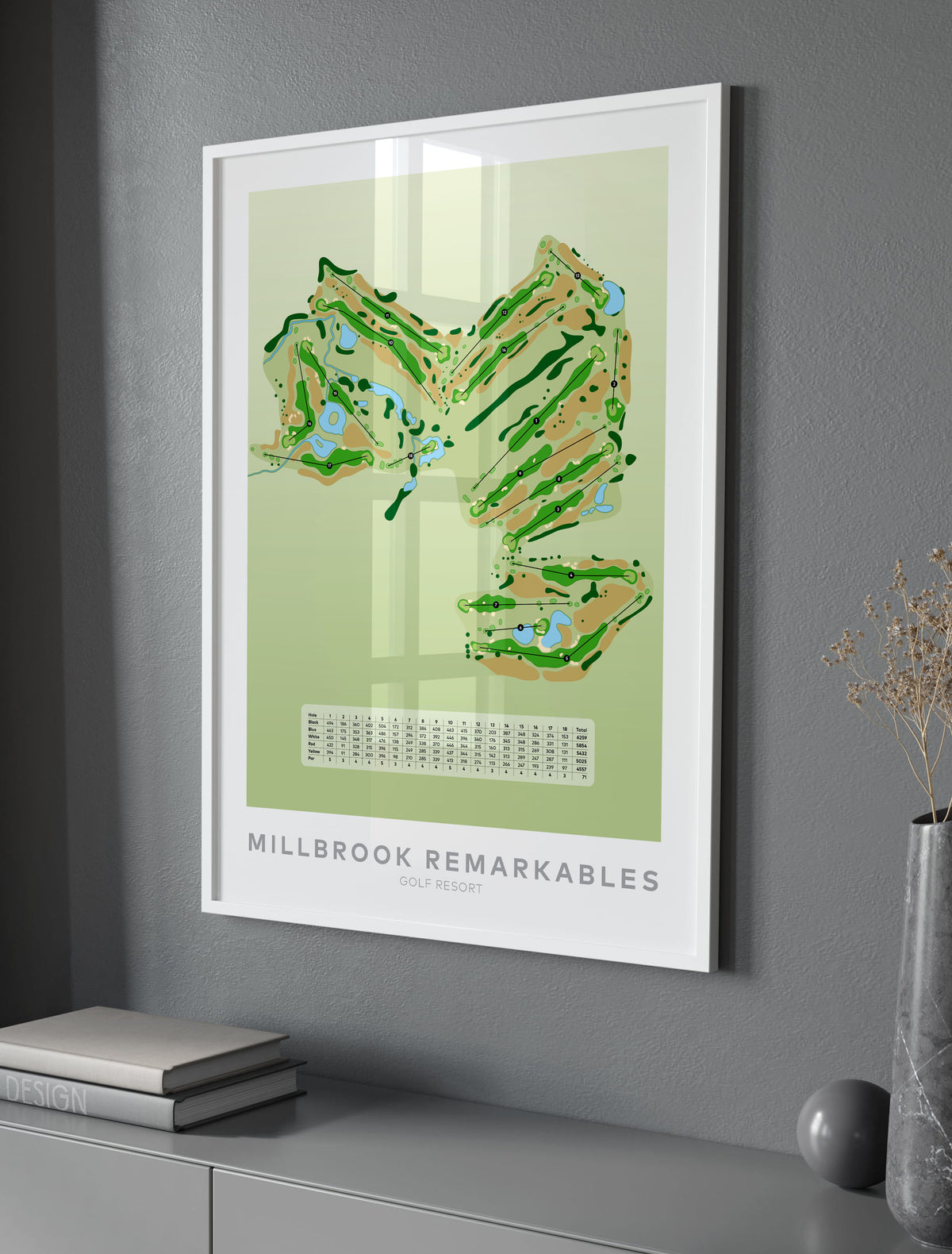 White framed minimalist fine art map of Millbrook - Remarkables Golf Course, Otago, Queenstown Lakes Region, New Zealand