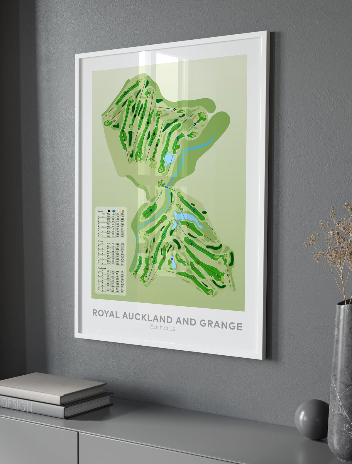 White framed Minimalist fine art map of Royal Auckland and Grange Golf Course, Auckland, New Zealand