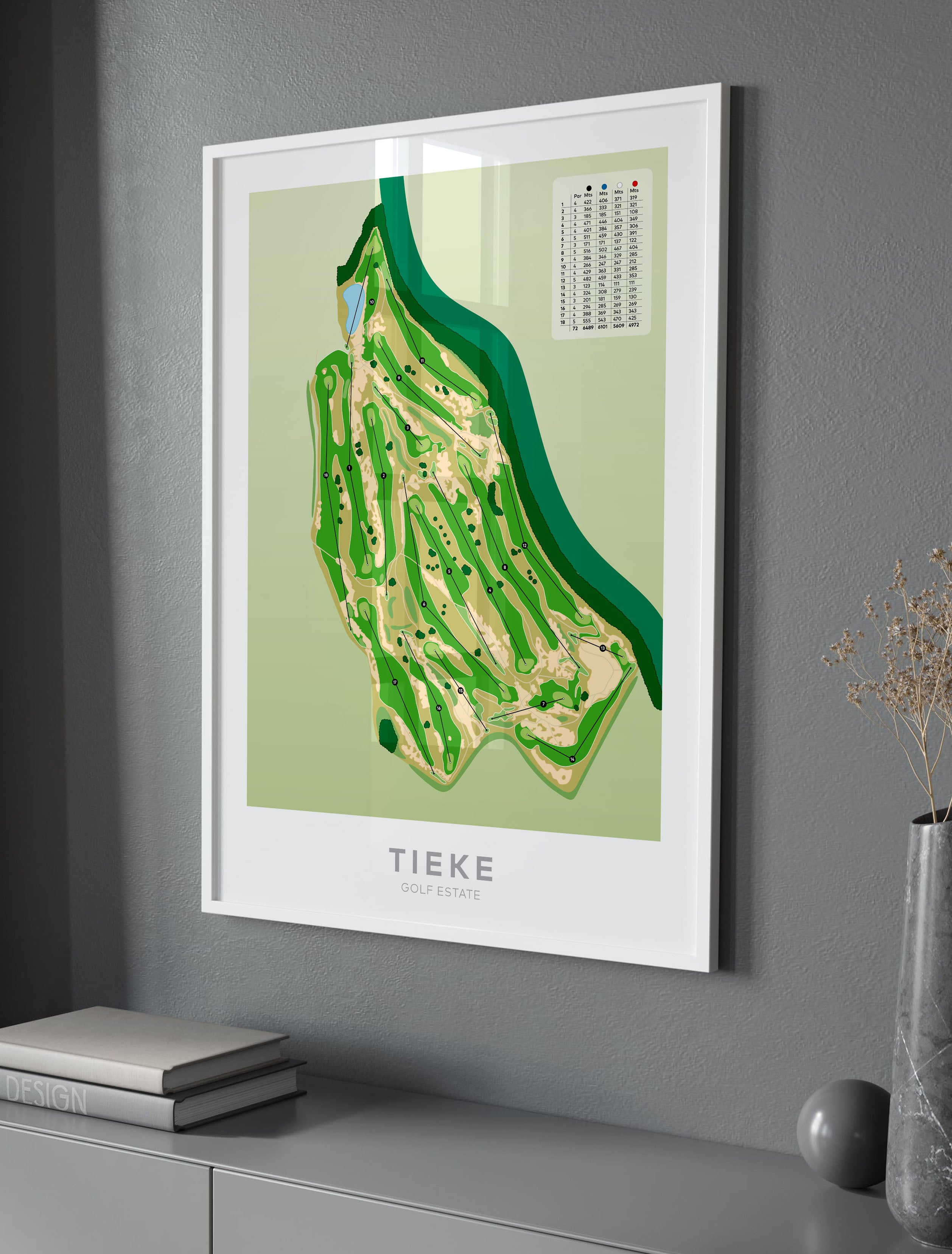 White framed Minimalist fine art map of Tieke Golf Course, Hamilton, Waikato, New Zealand