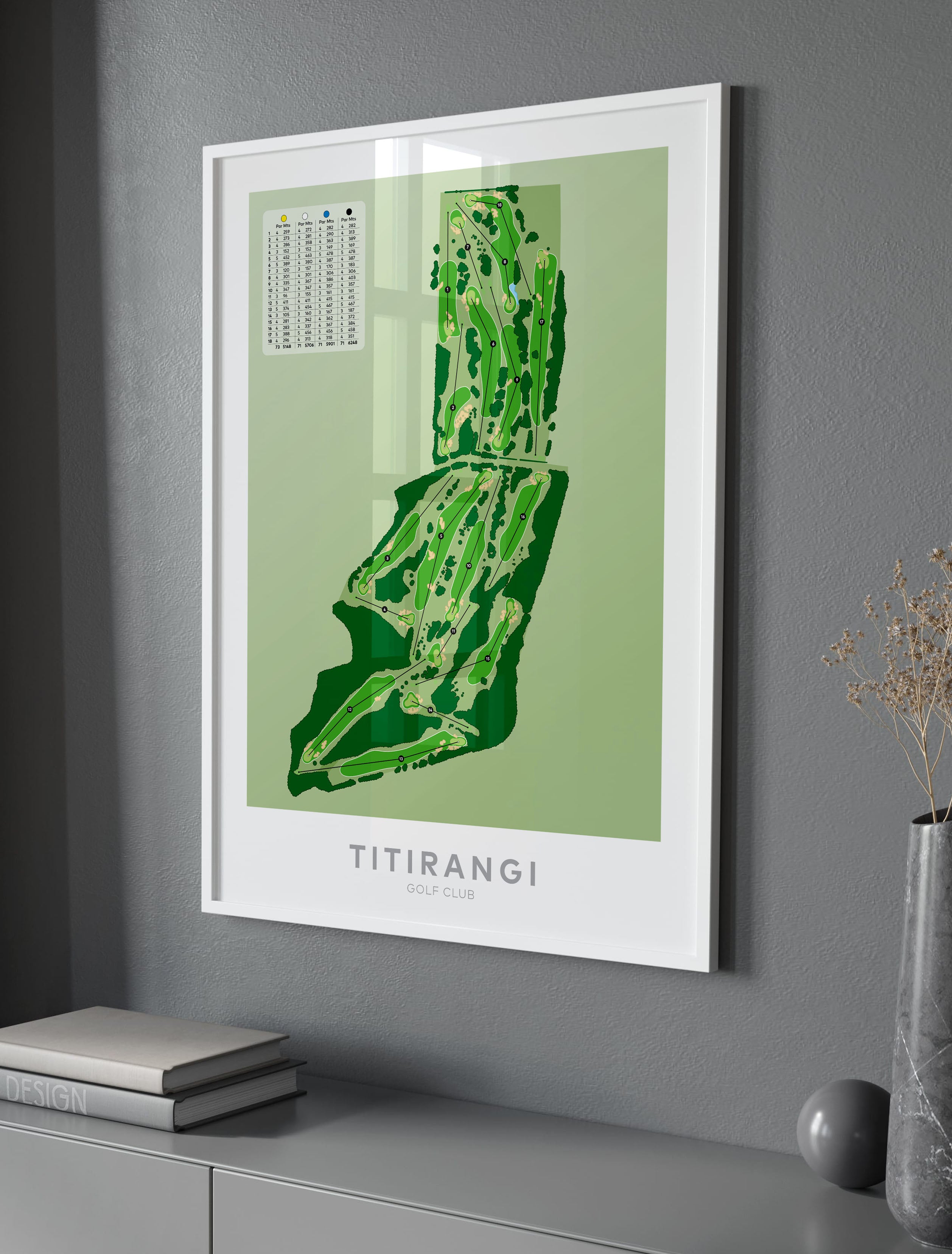 White framed Minimalist fine art map of Titirangi Golf Course, Auckland, New Zealand