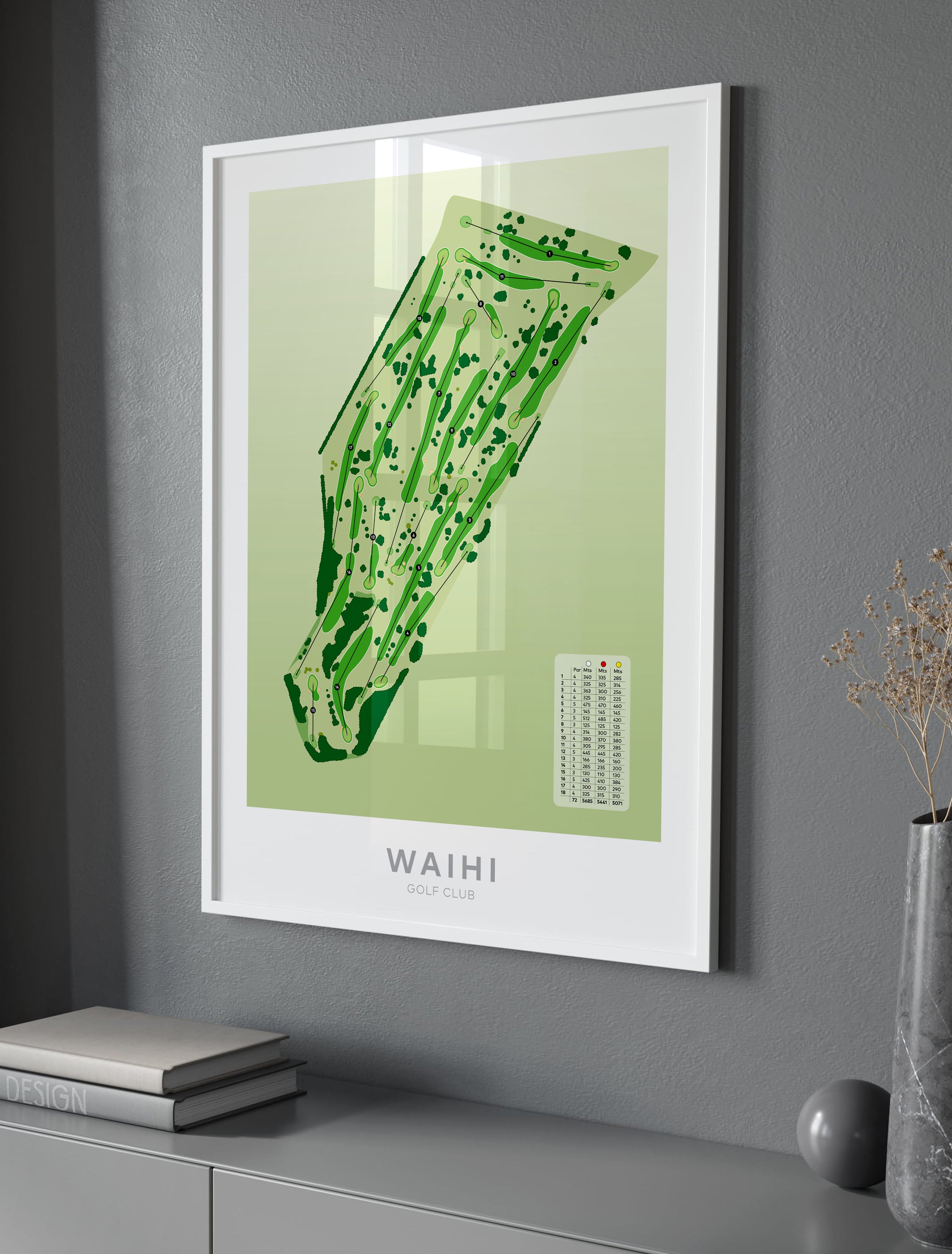 White framed Minimalist fine art map of Waihi Golf Course, Hauraki District, New Zealand