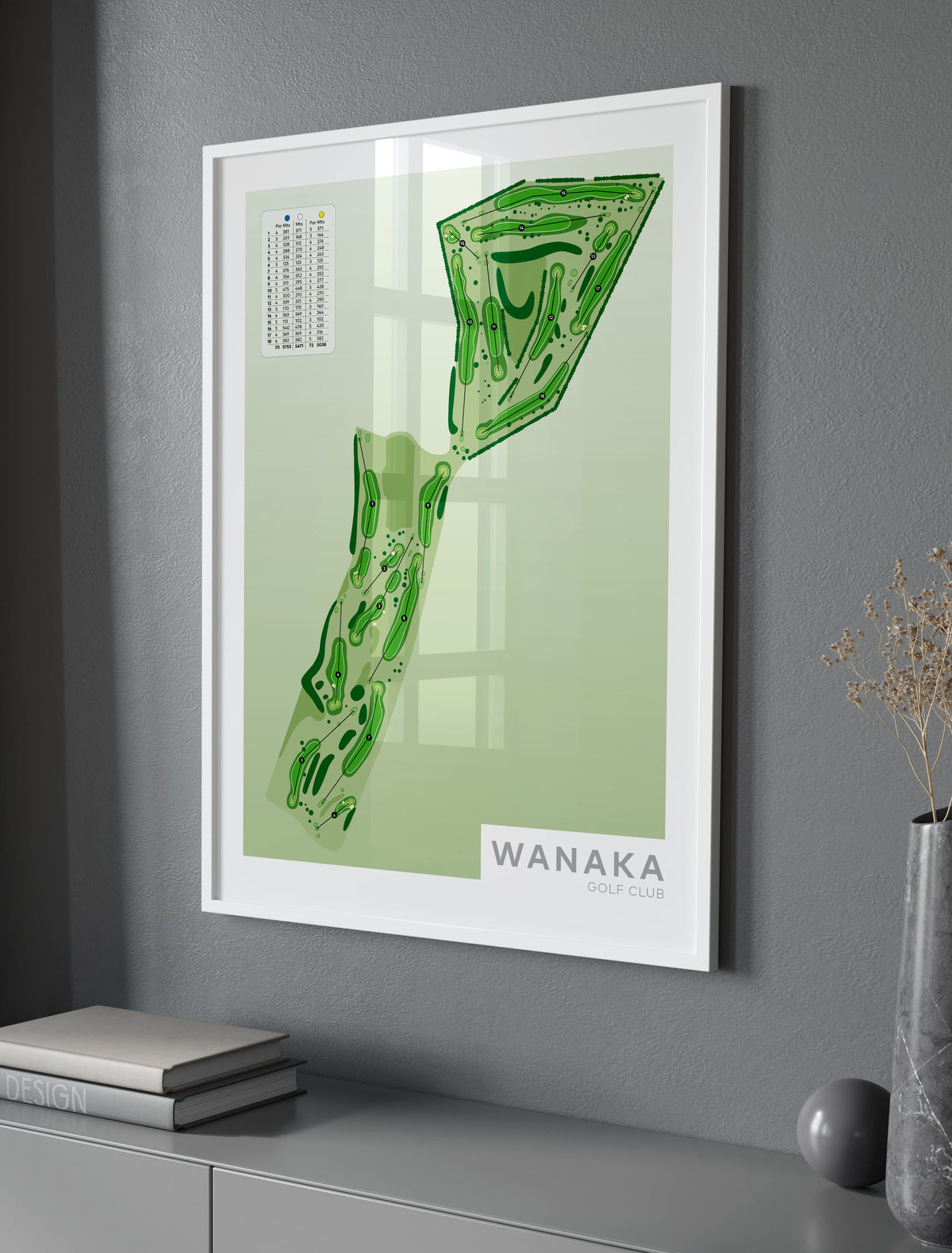 White framed Minimalist fine art map of Wanaka Golf Course, Otago, Queenstown Lakes Region, New Zealand