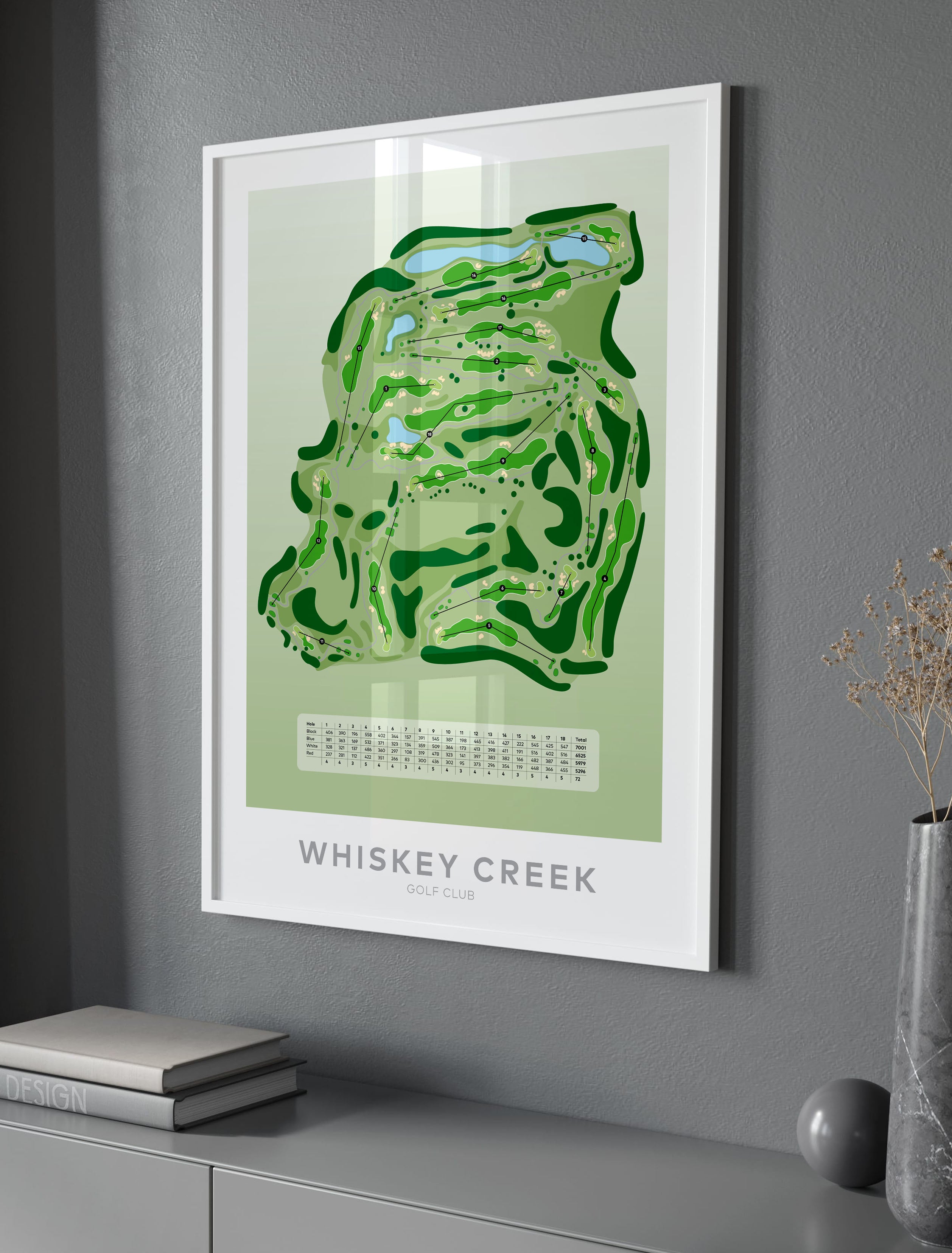 Whiskey-Creek-Golf-course white frame with glass reflecting in grey room beautiful artwork