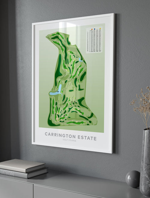 White framed minimalist fine art map of Carrington Estate Golf Course, Northland, New Zealand
