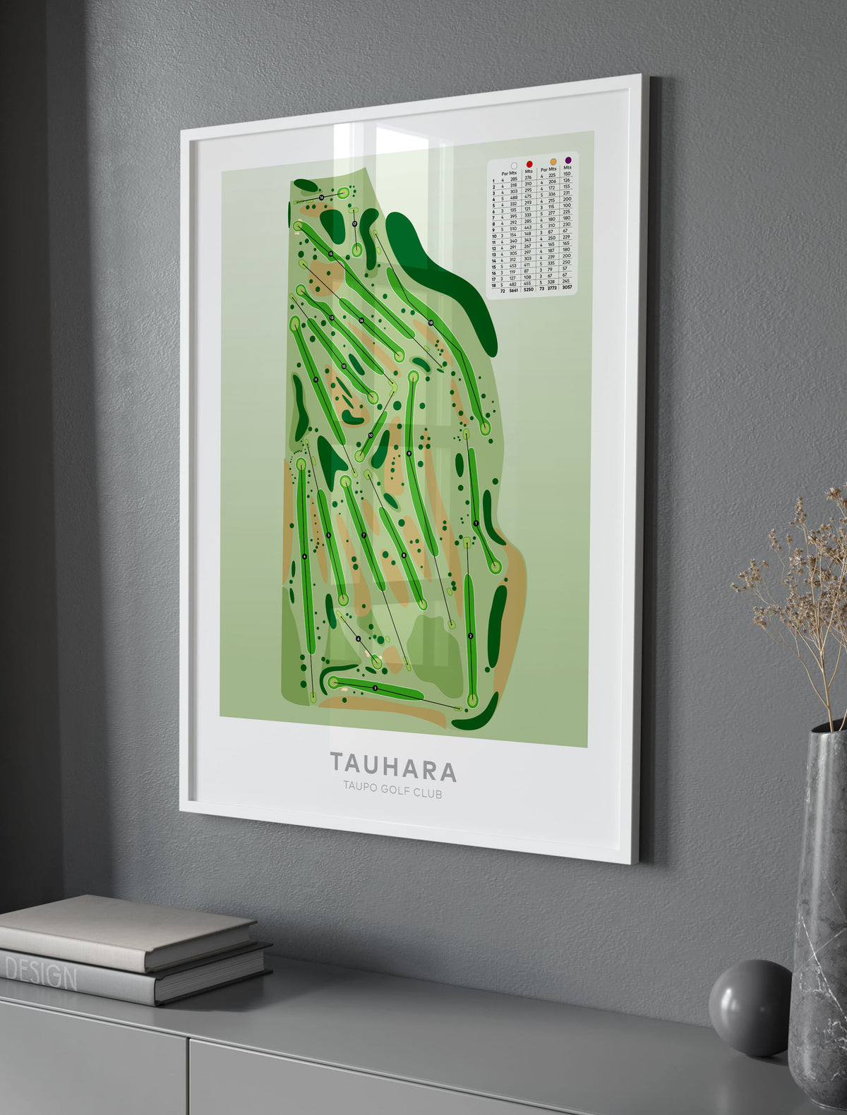 White framed Minimalist fine art map of Taupo - Tauhara Golf Course, Waikato, New Zealand