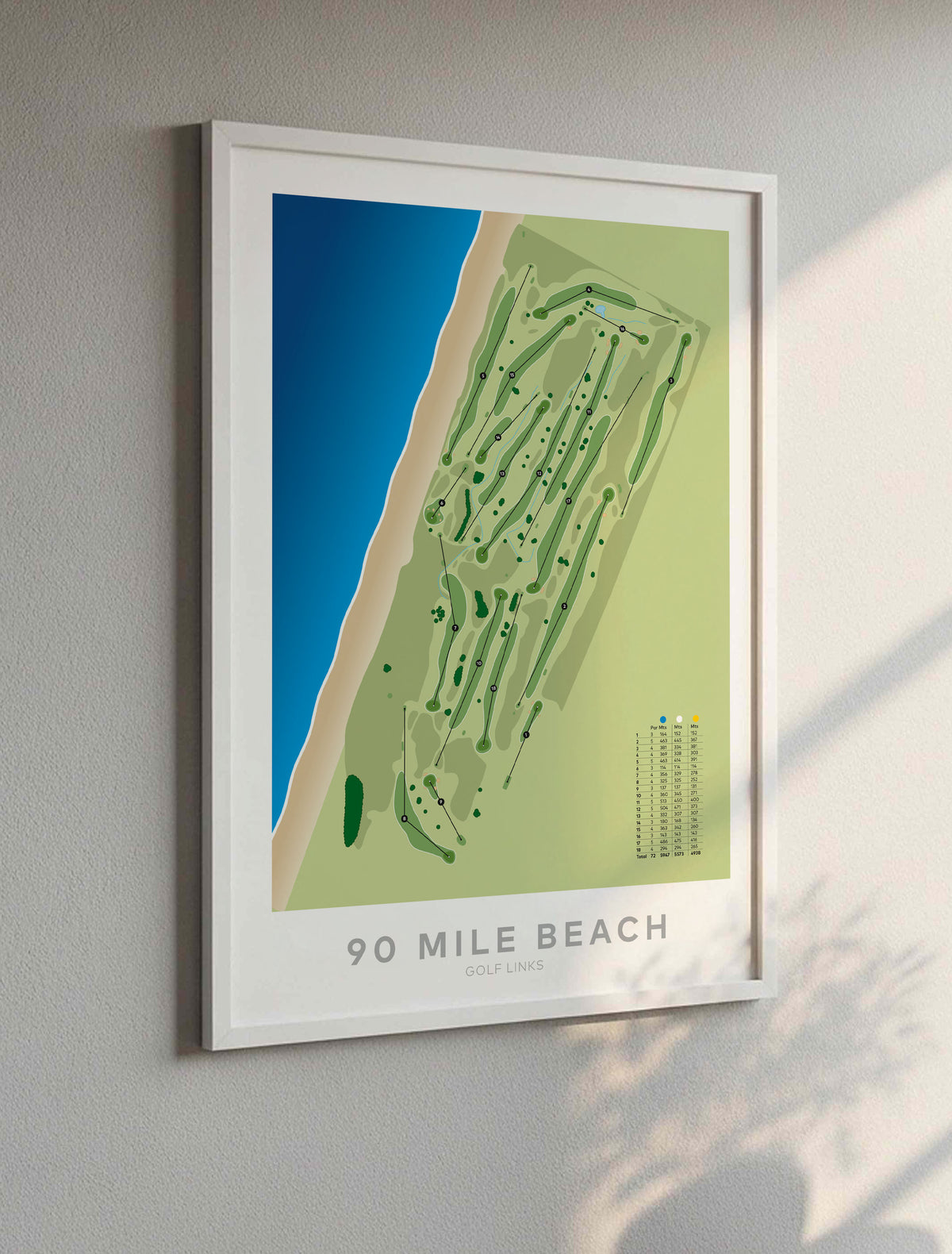 White framed minimalist fine art map of 90 Mile Beach (Kaitaia) Golf Course, Northland, New Zealand