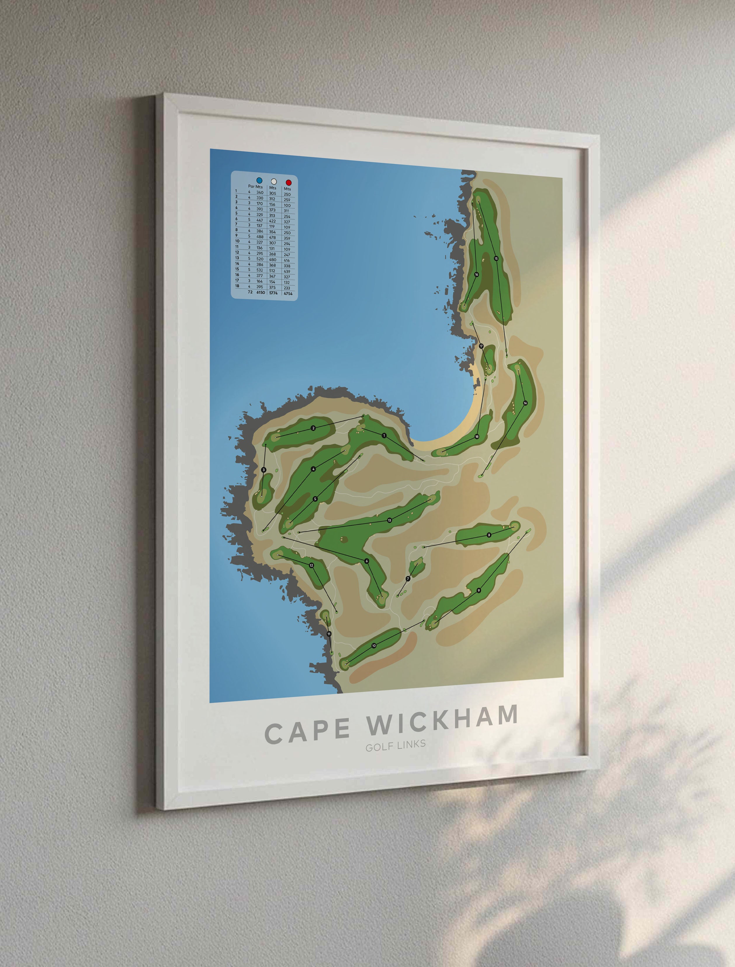 White framed minimalist fine art map of Cape Wickham Golf Course, Tasmania, King Island, Australia-australia-golf-art