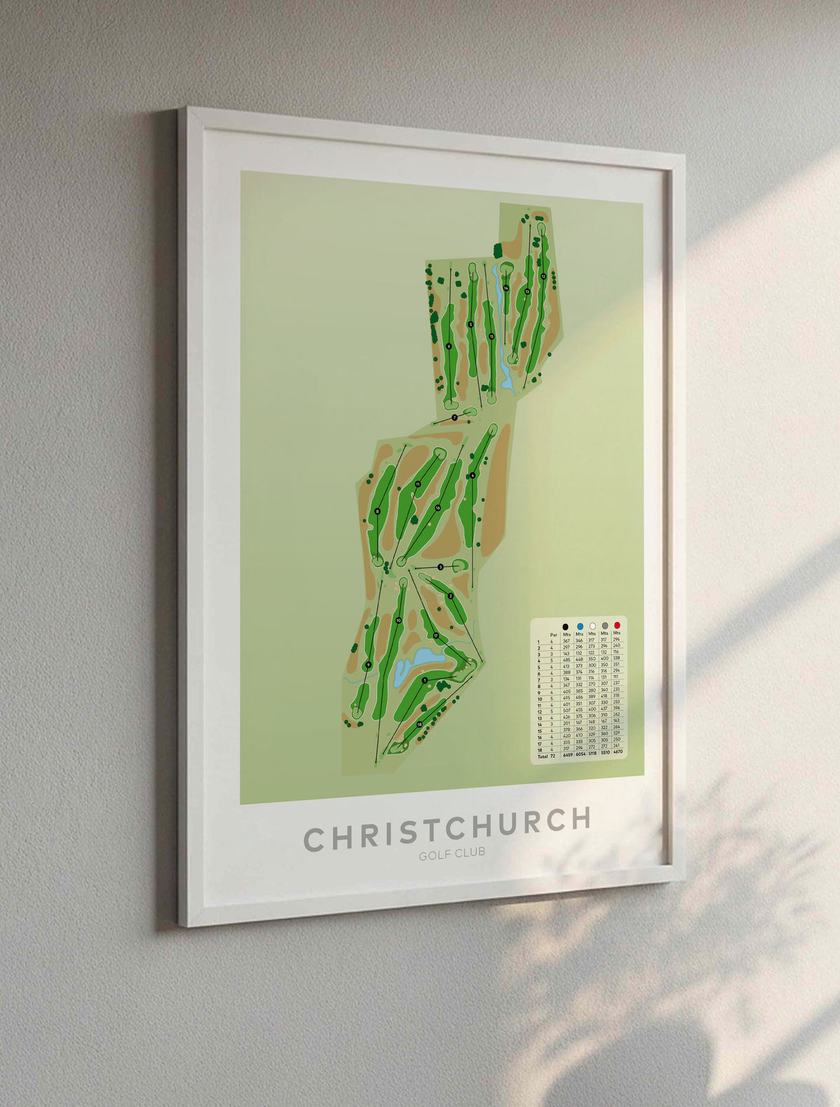 White framed minimalist fine art map of Christchurch Golf Course, ChCh, Canterbury, New Zealand