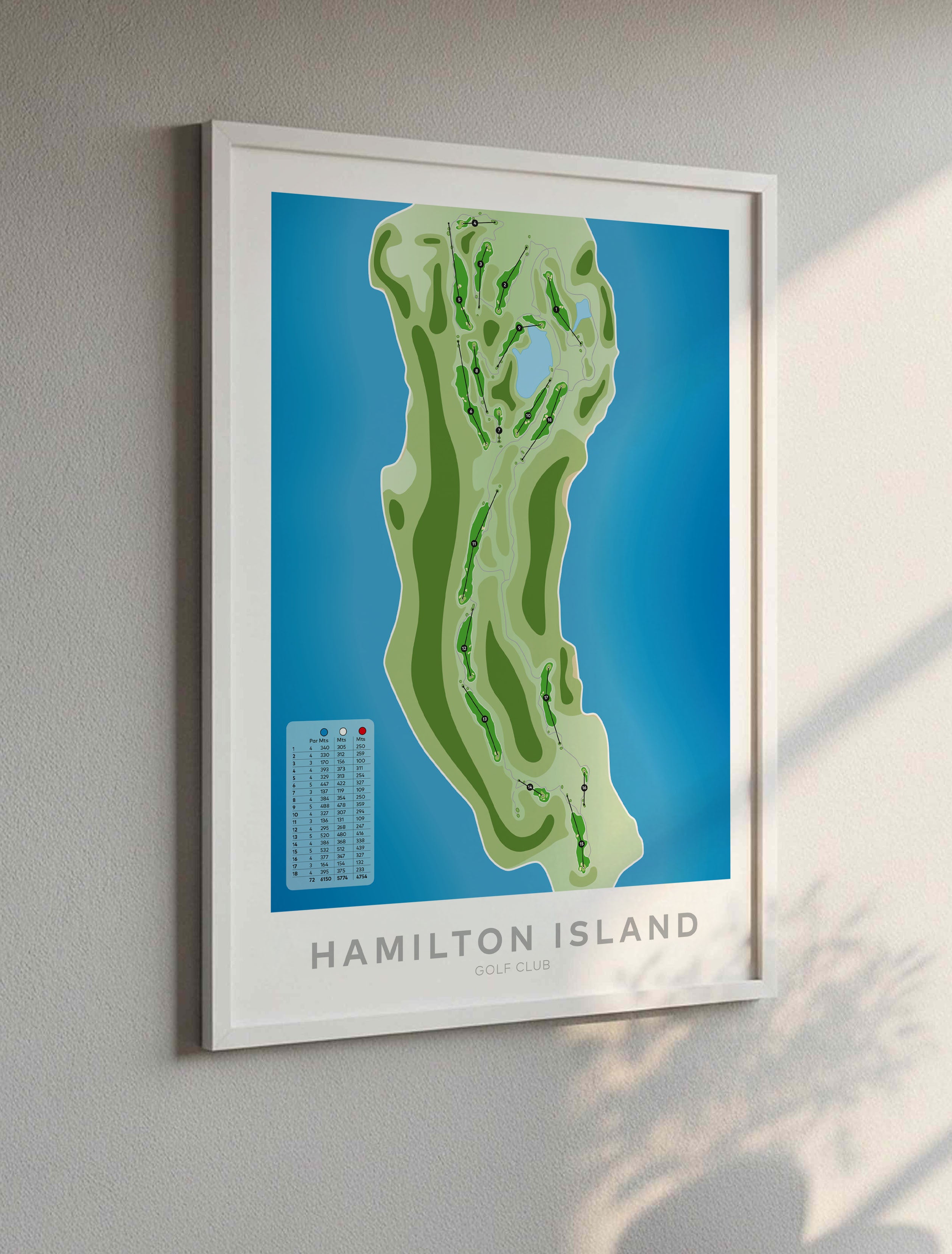 White framed minimalist fine art map of Hamilton Island Golf Course, Dent Island, Whitsundays, Queensland, Australia-australia-golf-art