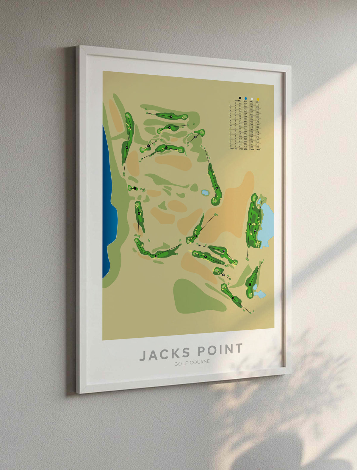 White framed minimalist fine art map of Jacks Point Golf Course, Queenstown Lakes, Otago, New Zealand
