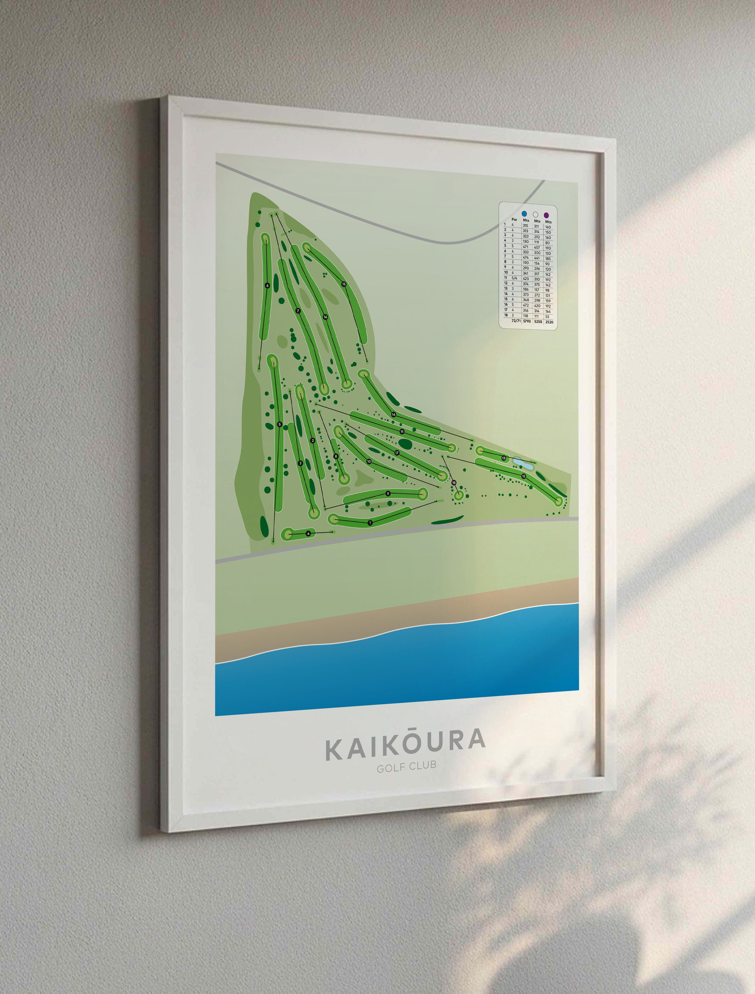 White framed Minimalist fine art map of Kaikoura Golf Course, Canterbury, New Zealand