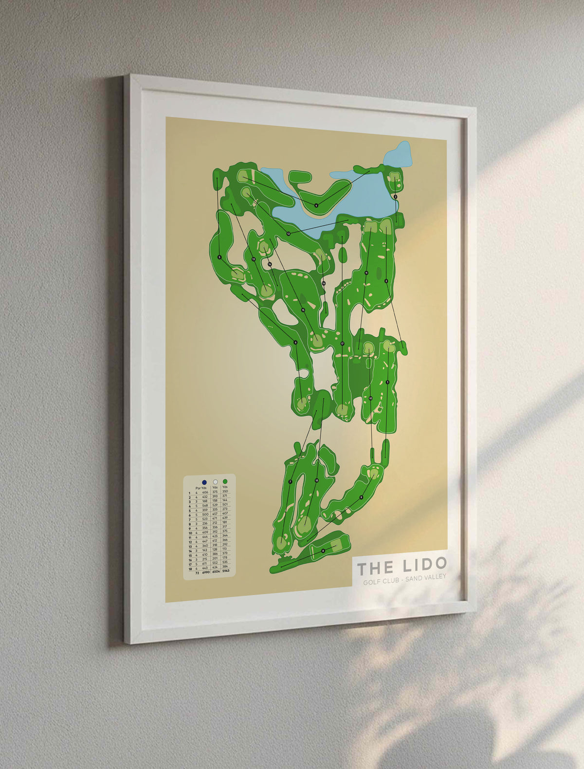 White framed Minimalist fine art map of The Lido Golf Course, Sand Valley, Wisconsin, USA