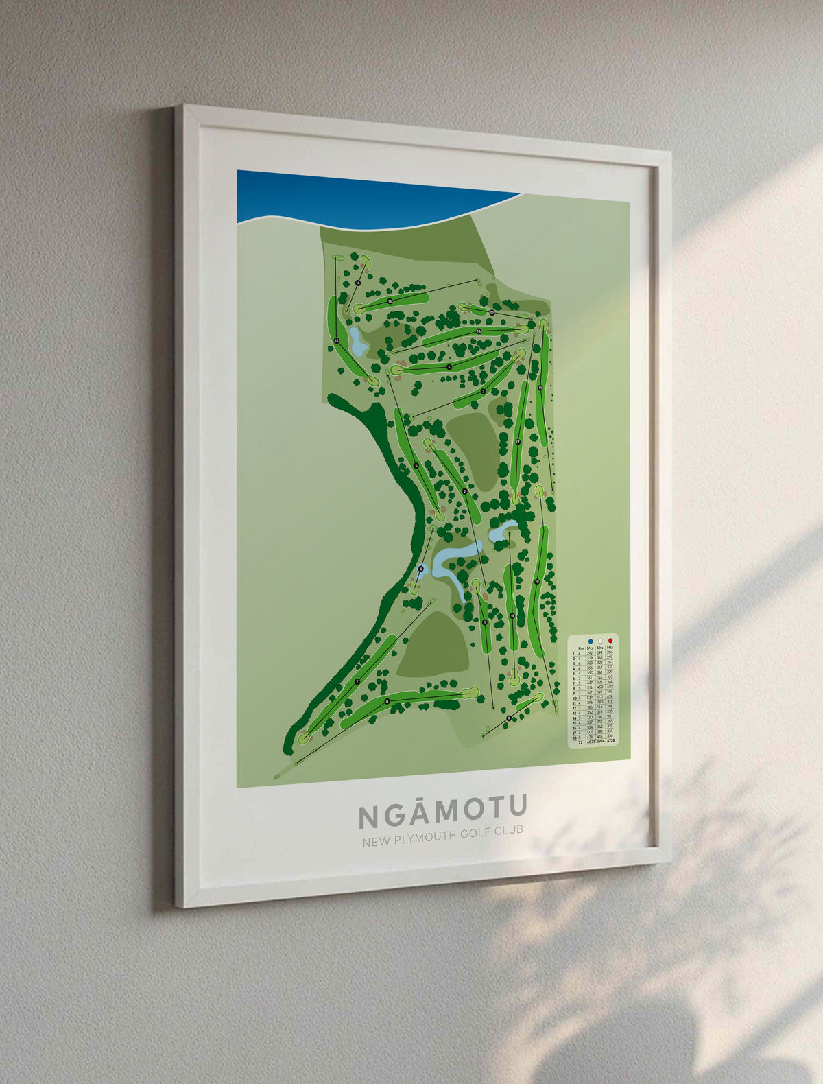 White framed Minimalist fine art map of Te Ngutu Golf Course, Taranaki, New Zealand