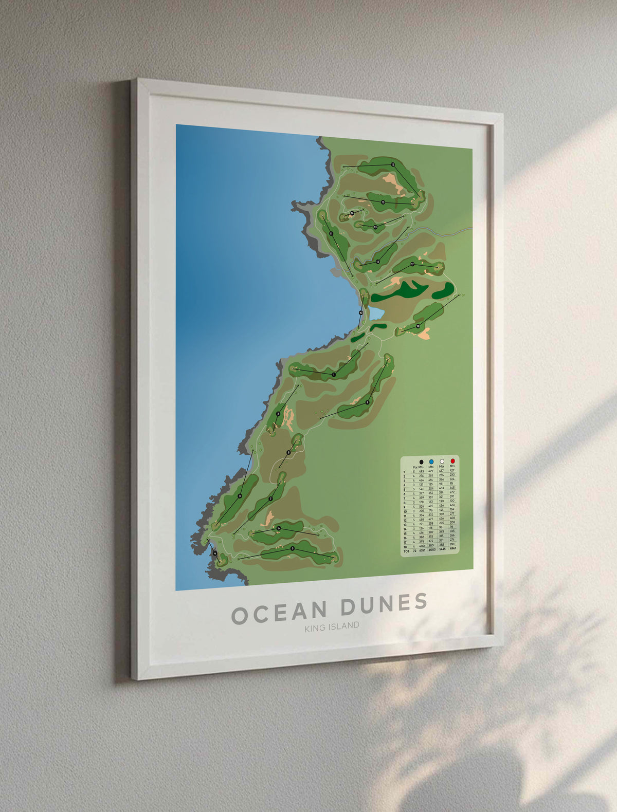 White framed minimalist fine art map of Ocean Dunes Golf Course, King Island, Tasmania, Australia-australia-golf-art