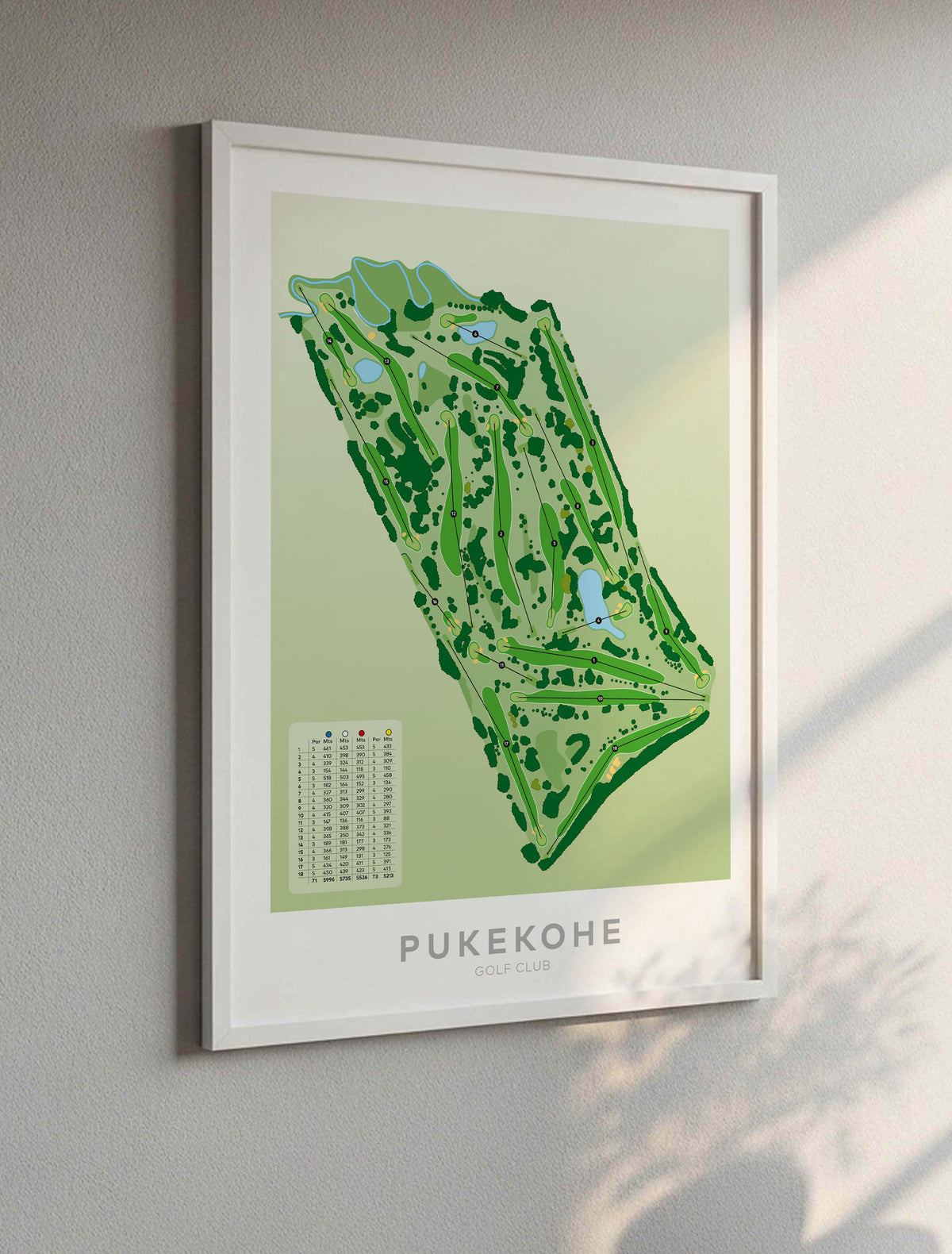 White framed Minimalist fine art map of Pukekohe Golf Course, South Auckland, New Zealand