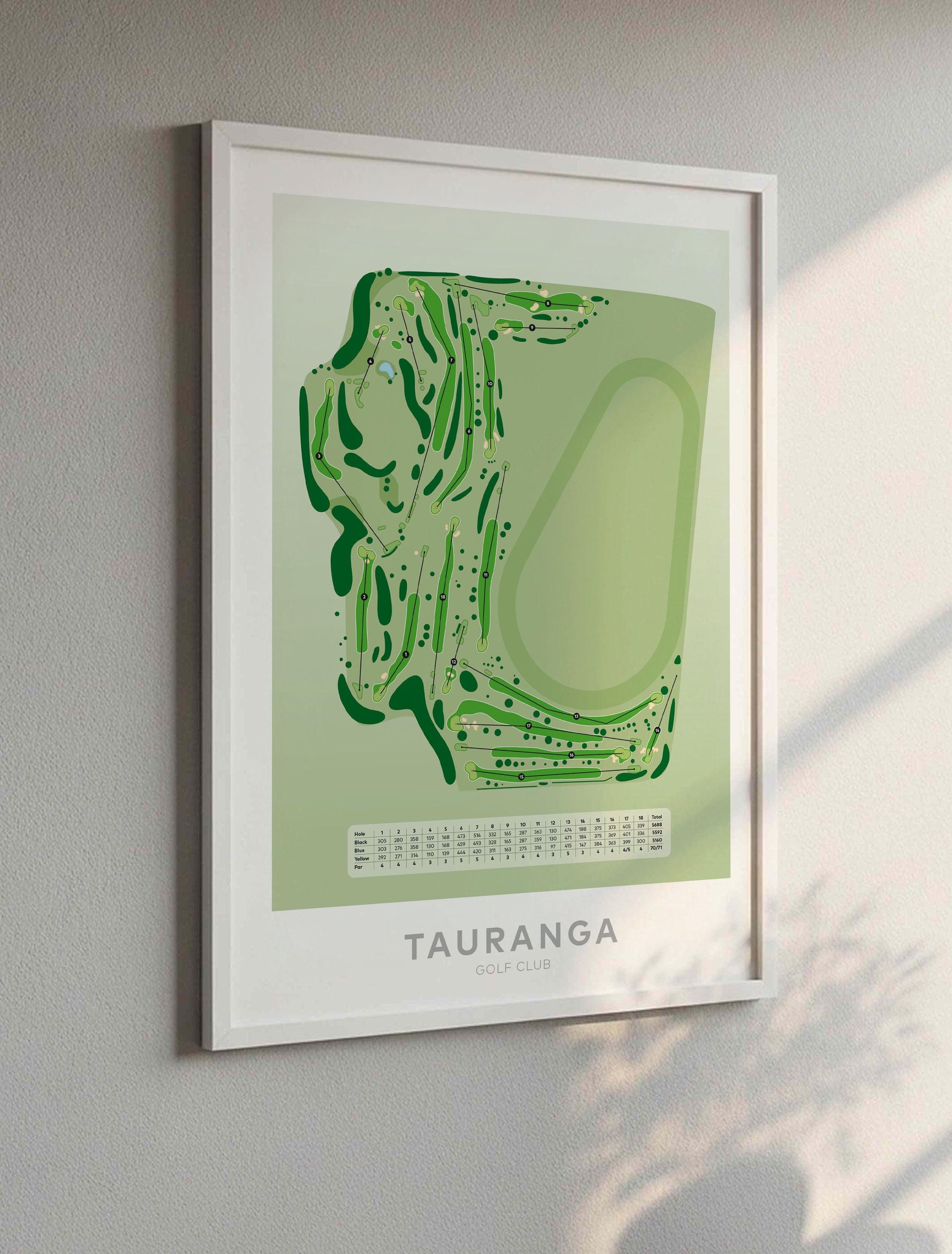 White framed Minimalist fine art map of Tauranga Golf Course, Bay of Plenty, New Zealand