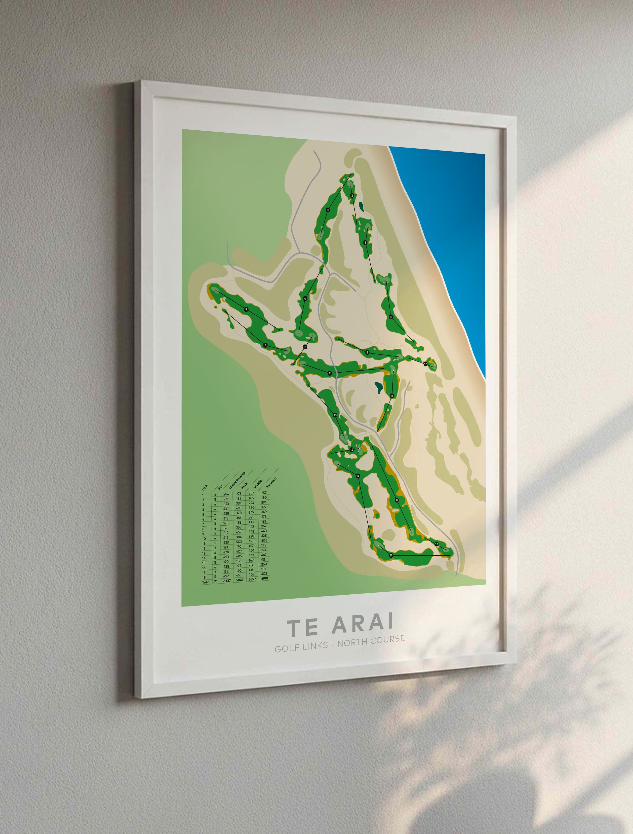 White framed Minimalist fine art map of Te Arai - North Golf Course, Northland, New Zealand