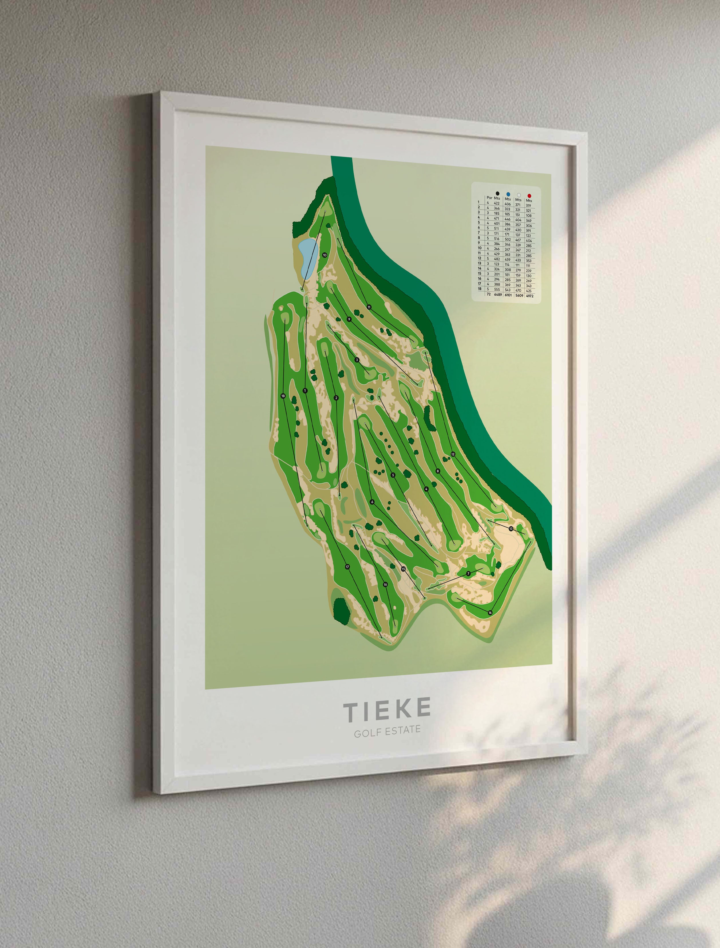 White framed Minimalist fine art map of Tieke Golf Course, Hamilton, Waikato, New Zealand