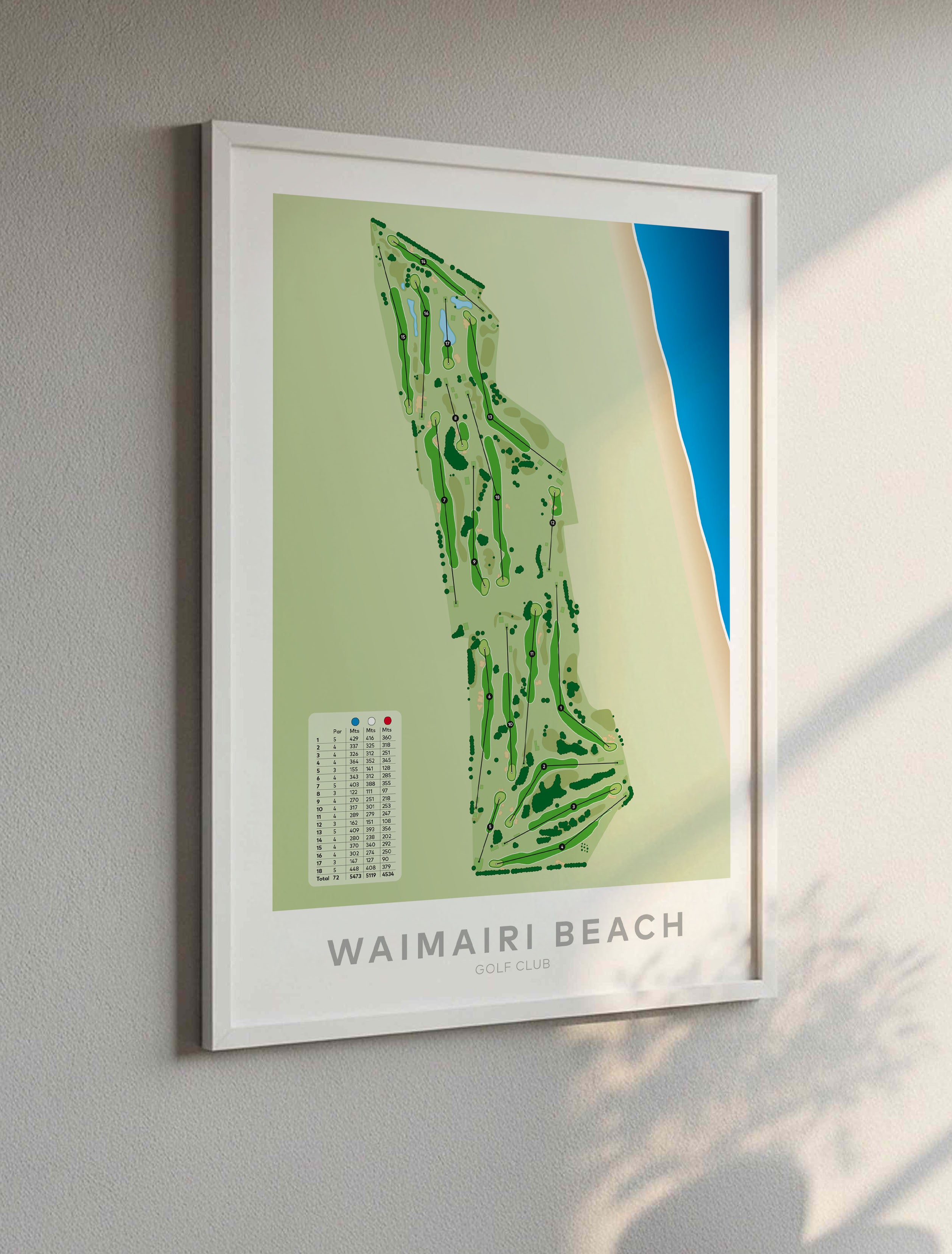 White framed Minimalist fine art map of Waimairi Beach Golf Course, Christchurch, Canterbury, New Zealand