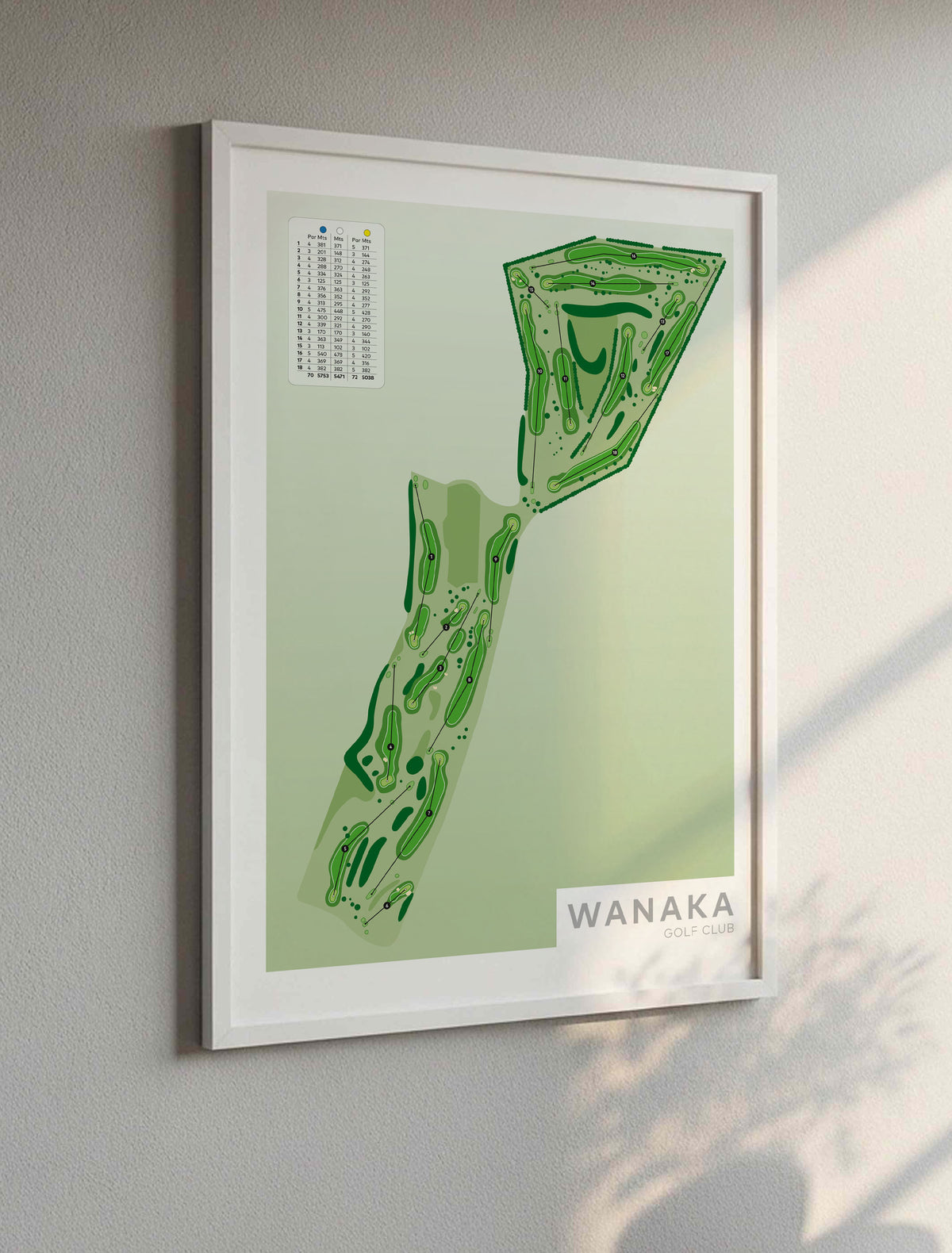 White framed Minimalist fine art map of Wanaka Golf Course, Otago, Queenstown Lakes Region, New Zealand