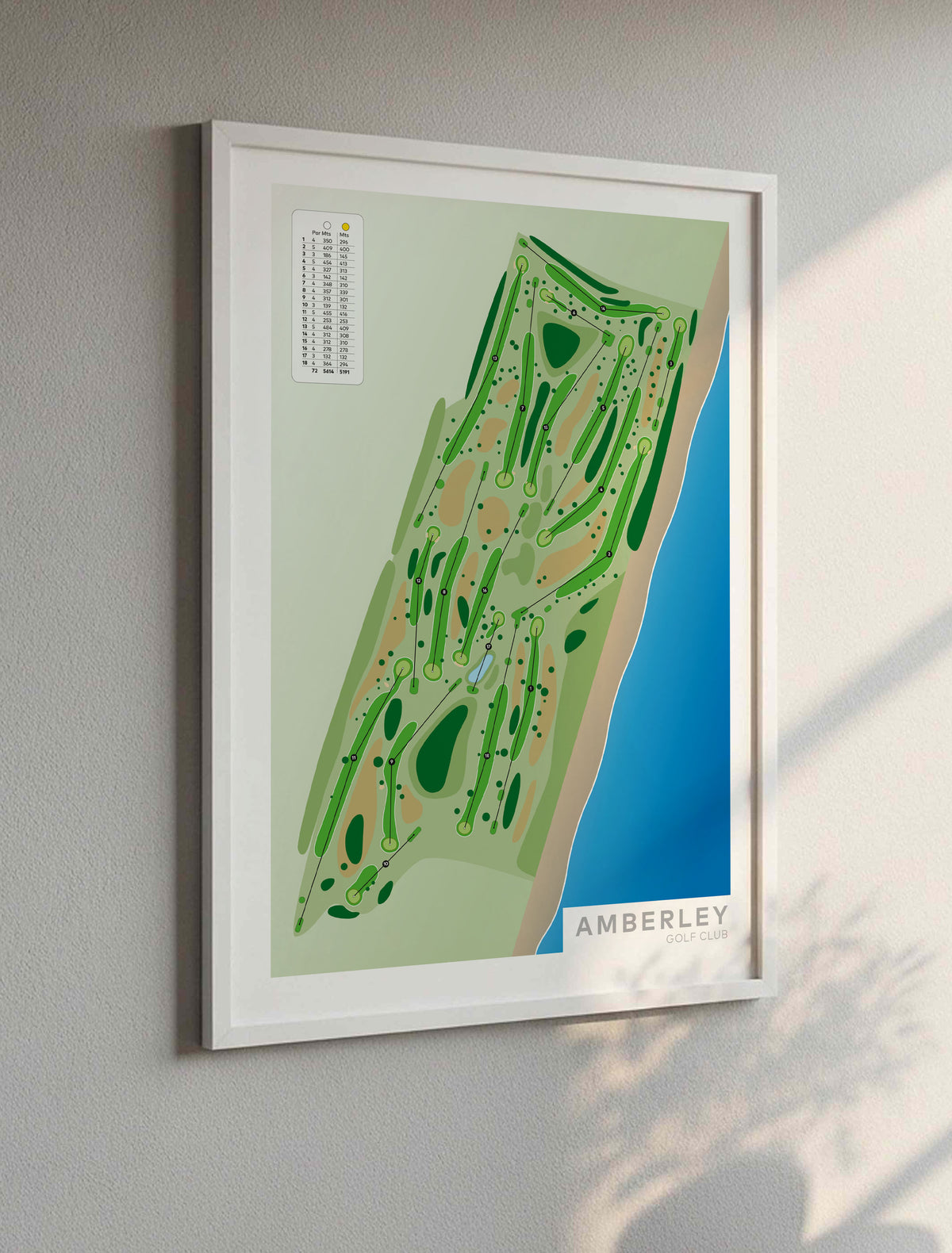 White framed minimalist fine art map of Amberley Golf Course, Christchurch, Canterbury, New Zealand
