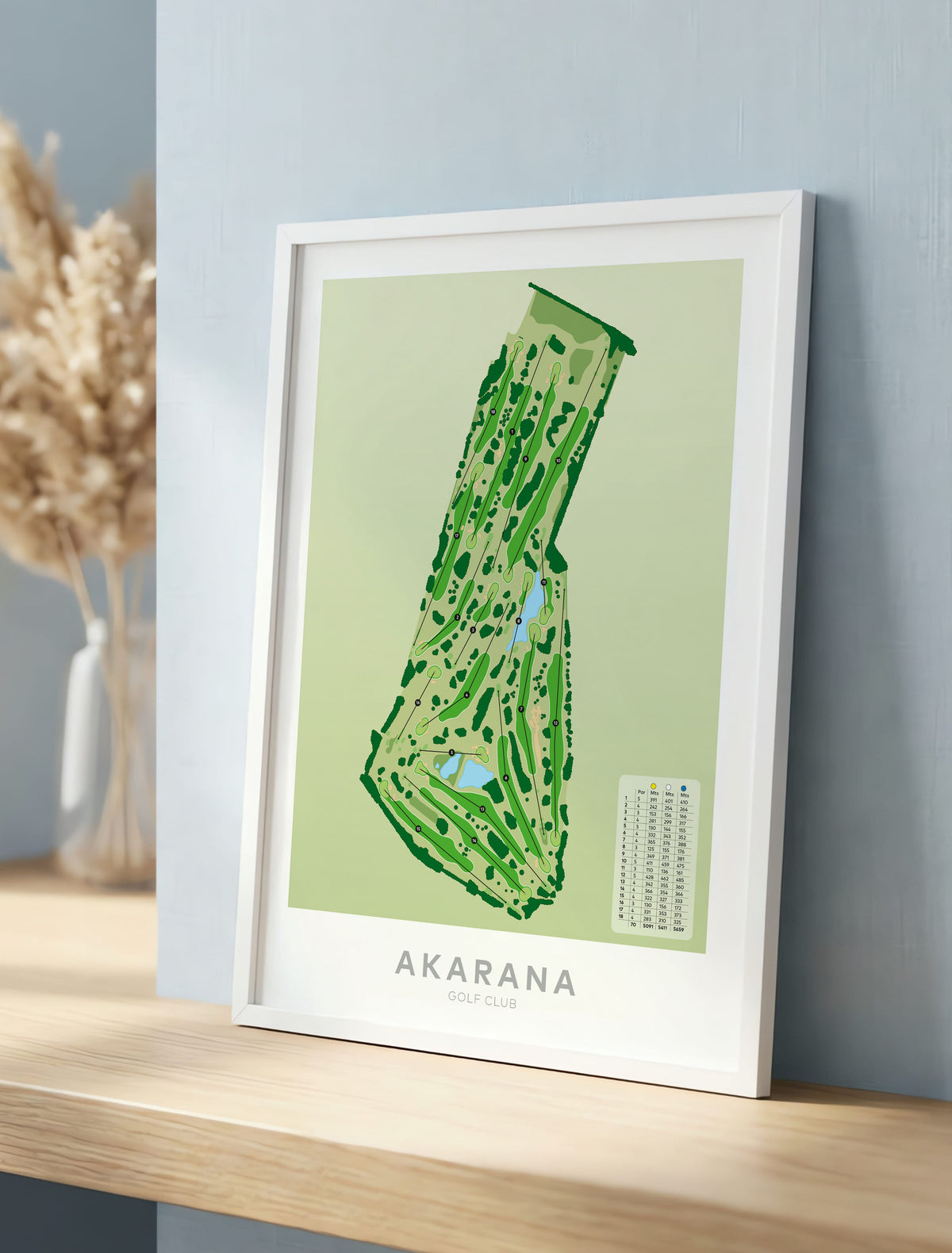 White framed minimalist fine art map of Akarana Golf Course, Auckland, New Zealand
