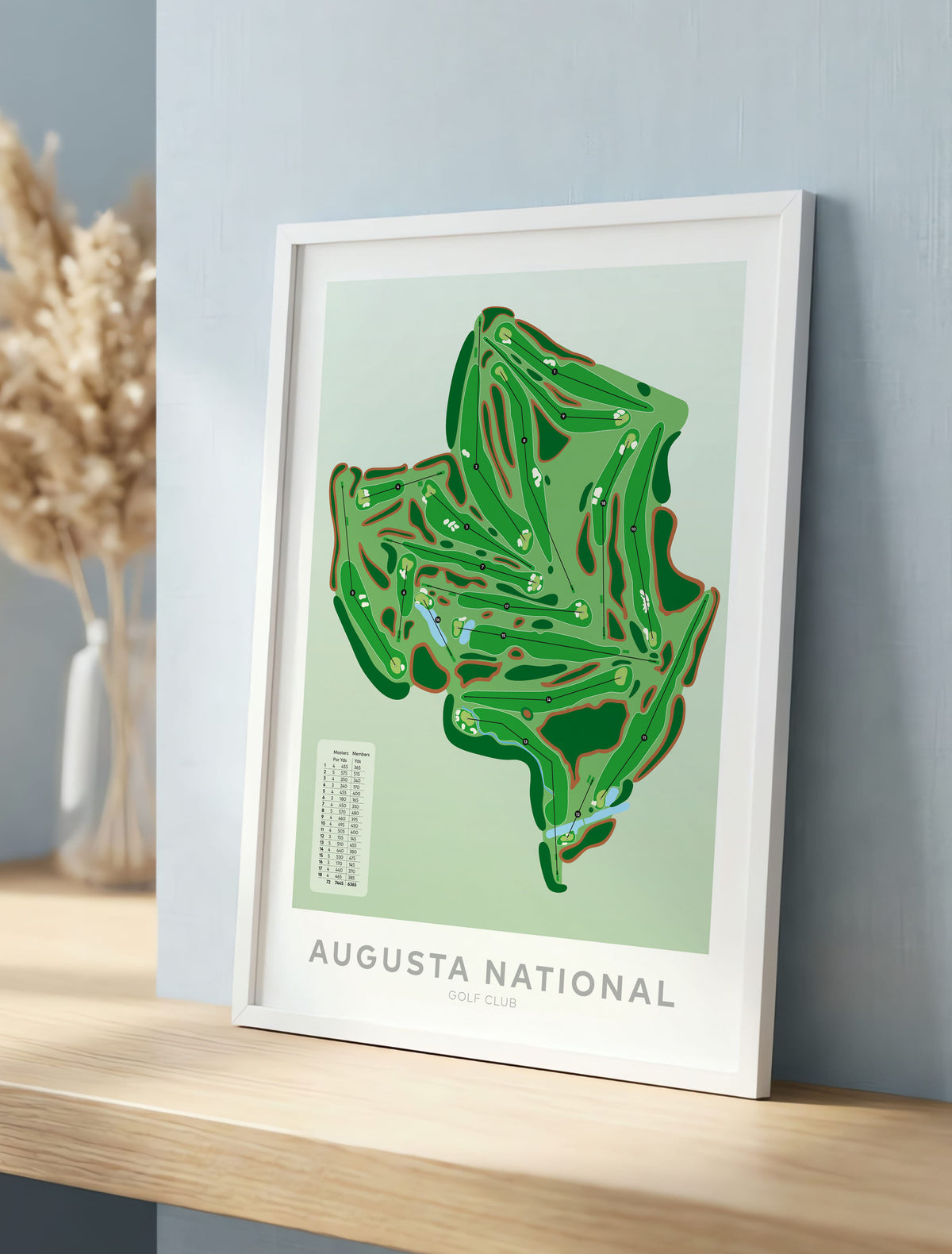 White framed minimalist fine art map of Augusta National Golf Course, Georgia, Southeast, Richmond County, USA