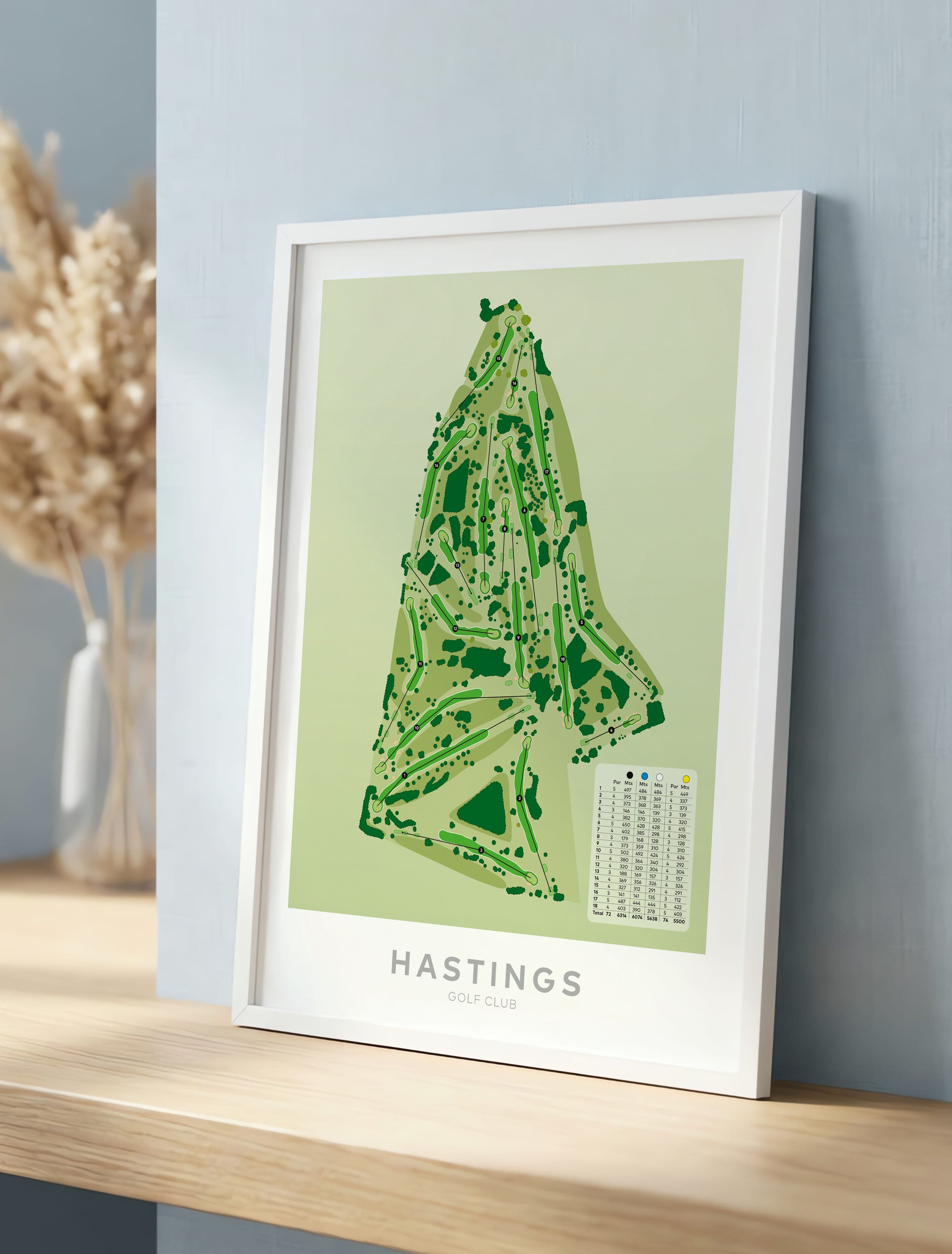 White framed minimalist fine art map of Hastings Golf Course, Bridge Pa, Hawke’s Bay, New Zealand