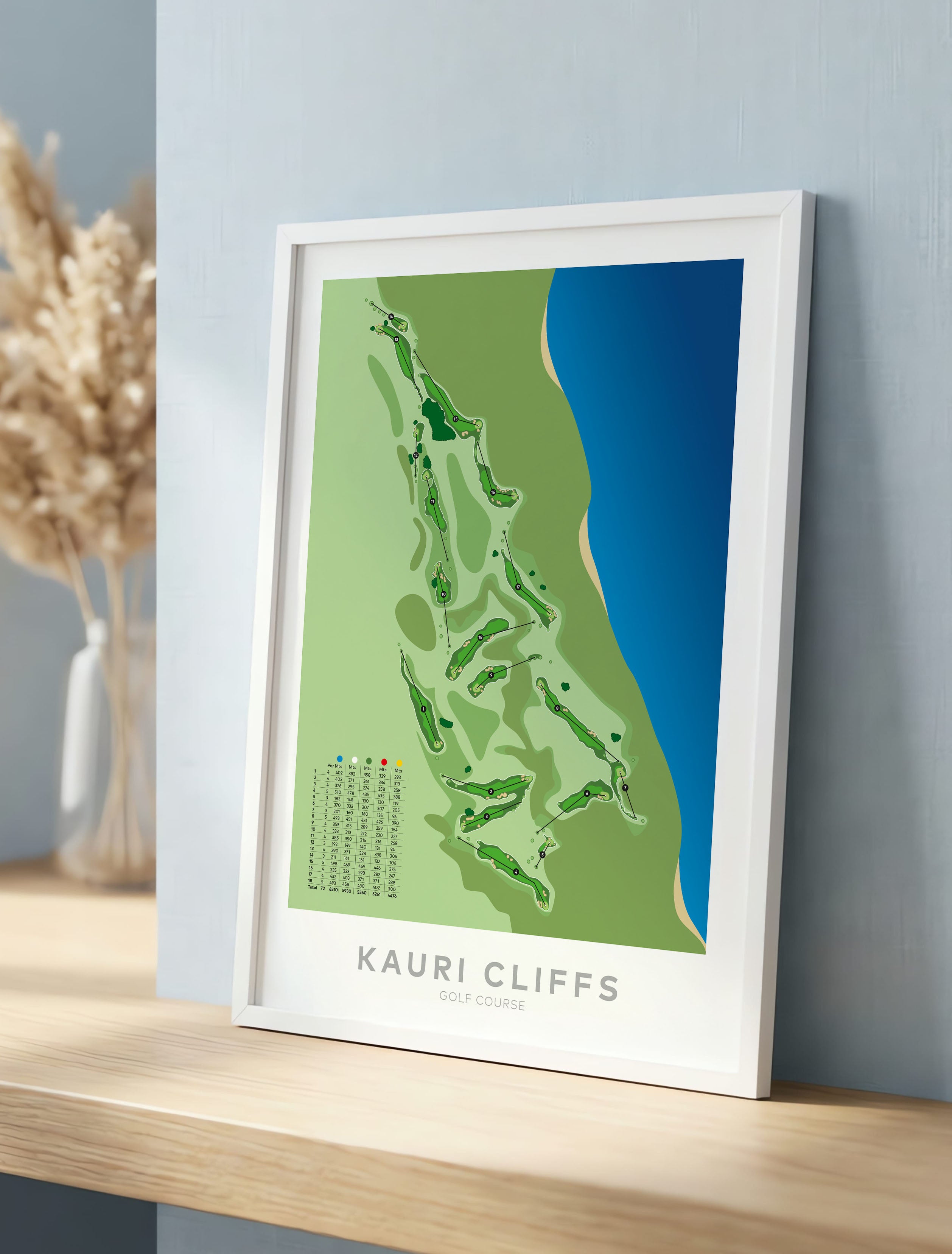 White framed minimalist fine art map of Kauri Cliffs Golf Course, Northland New Zealand