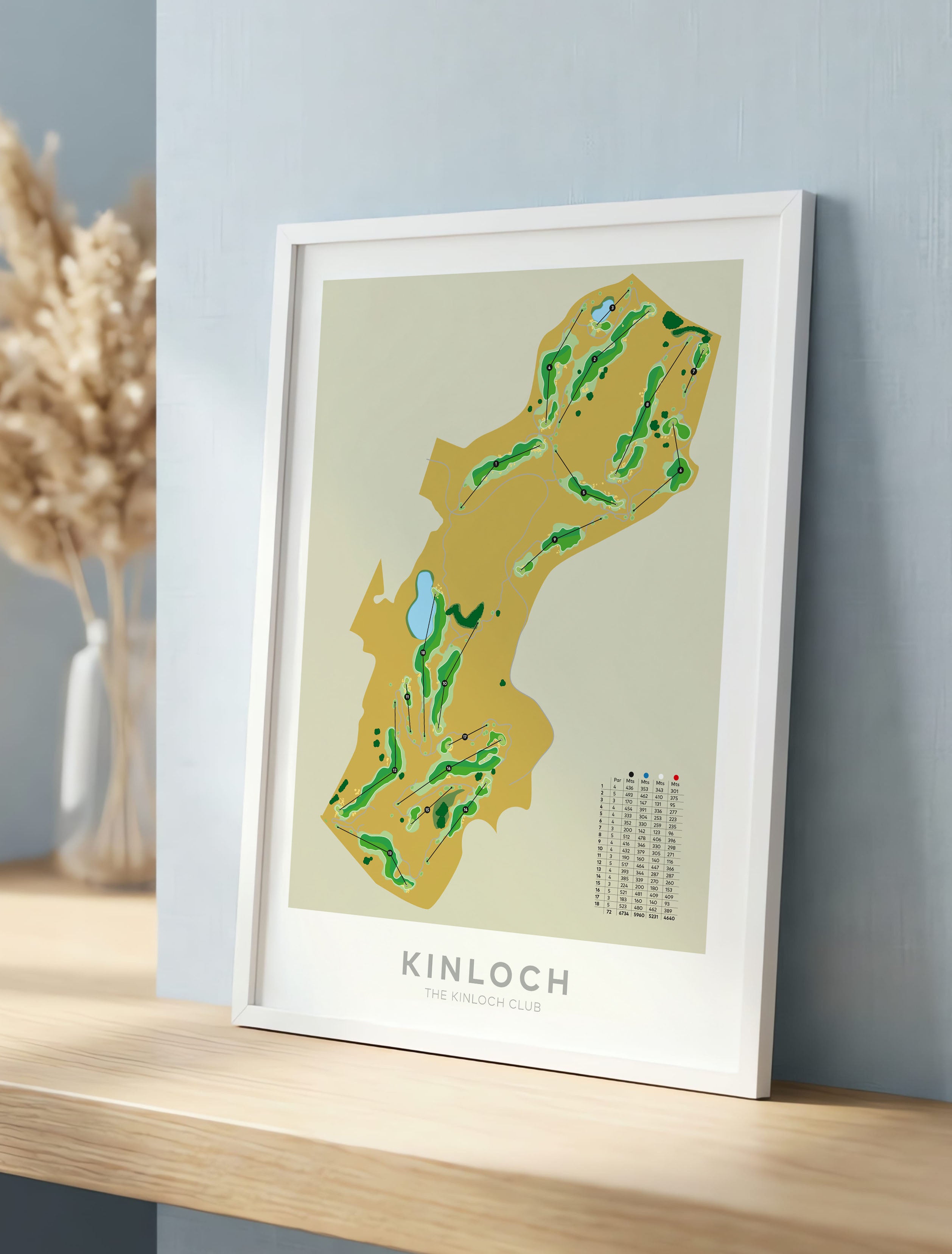 White framed minimalist fine art map of Kinloch Golf Course, Taupo, New Zealand