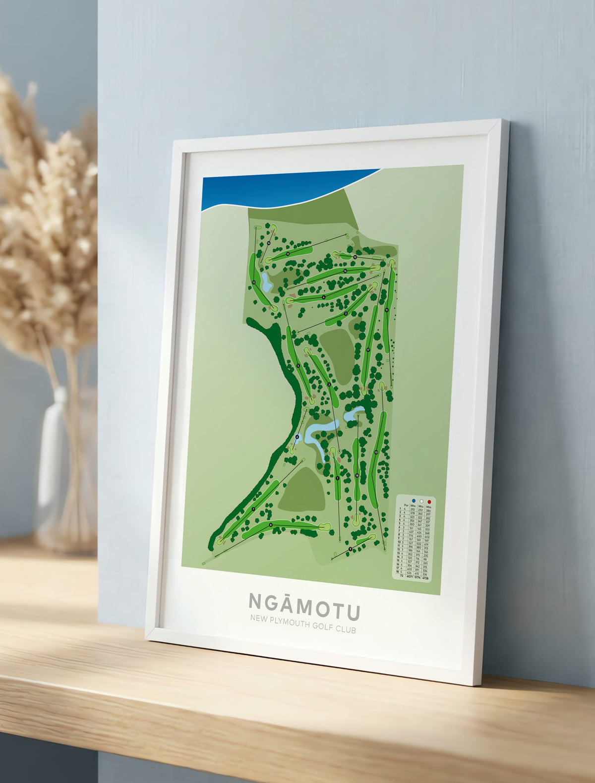 White framed minimalist fine art map of Ngamotu - New Plymouth Golf Course, Taranaki, New Zealand