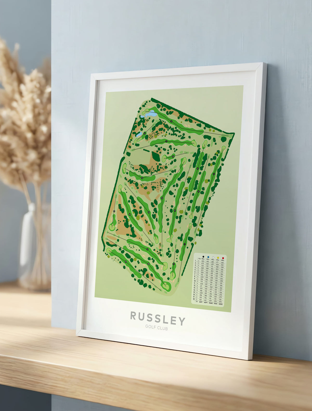 White framed Minimalist fine art map of Russley Golf Course, Christchurch, Canterbury, New Zealand