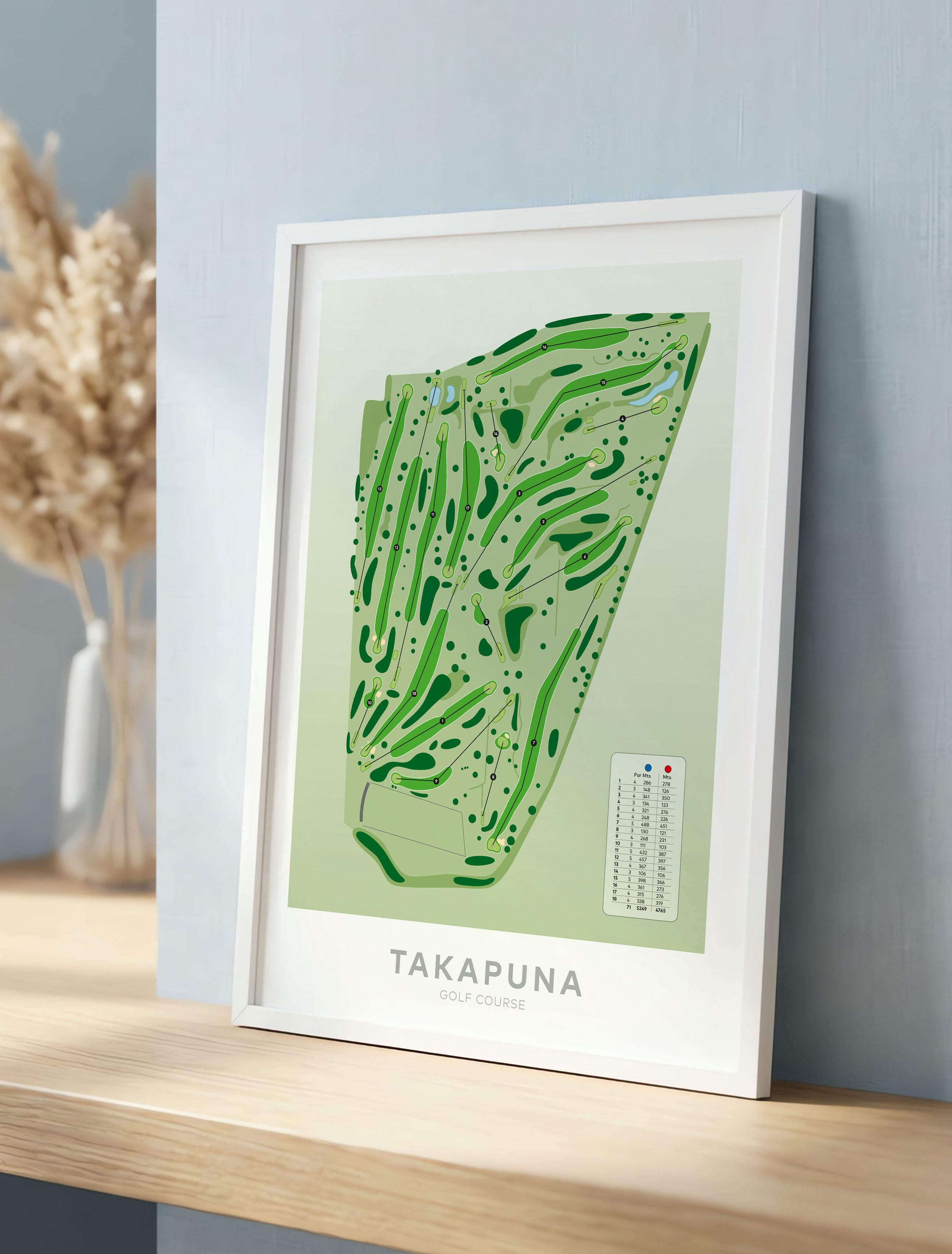 White framed Minimalist fine art map of Takapuna Golf Course, Auckland, New Zealand