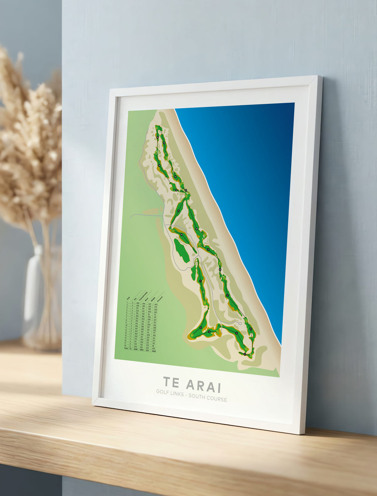 White framed Minimalist fine art map of Te Arai - South Golf Course, Northland, New Zealand