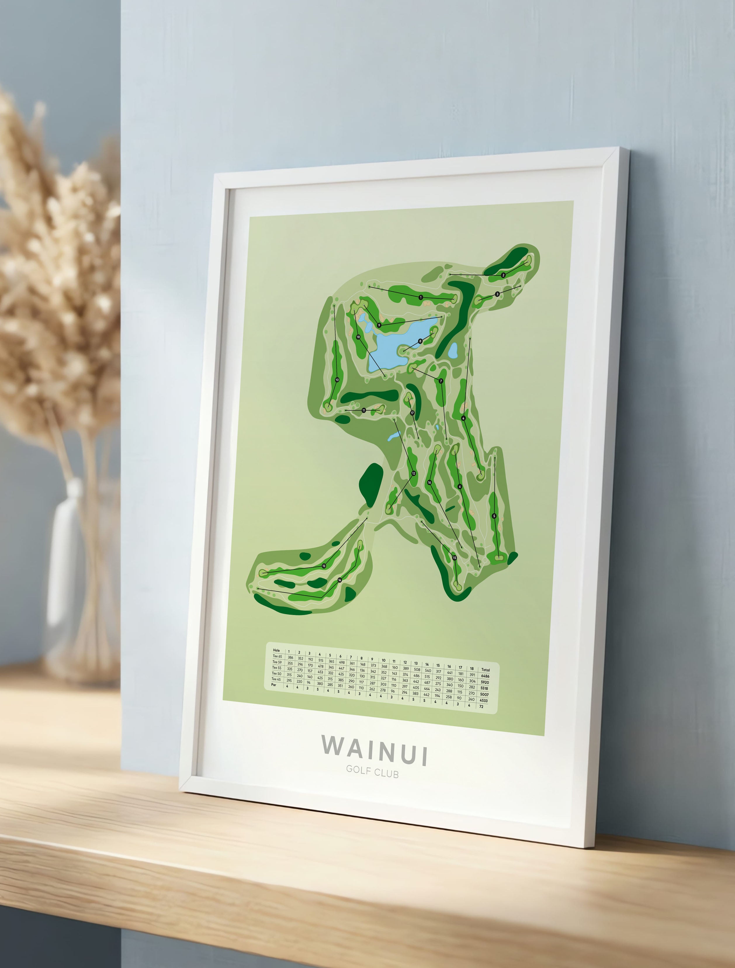 White framed Minimalist fine art map of Wainui Golf Course, North Shore, Auckland, New Zealand