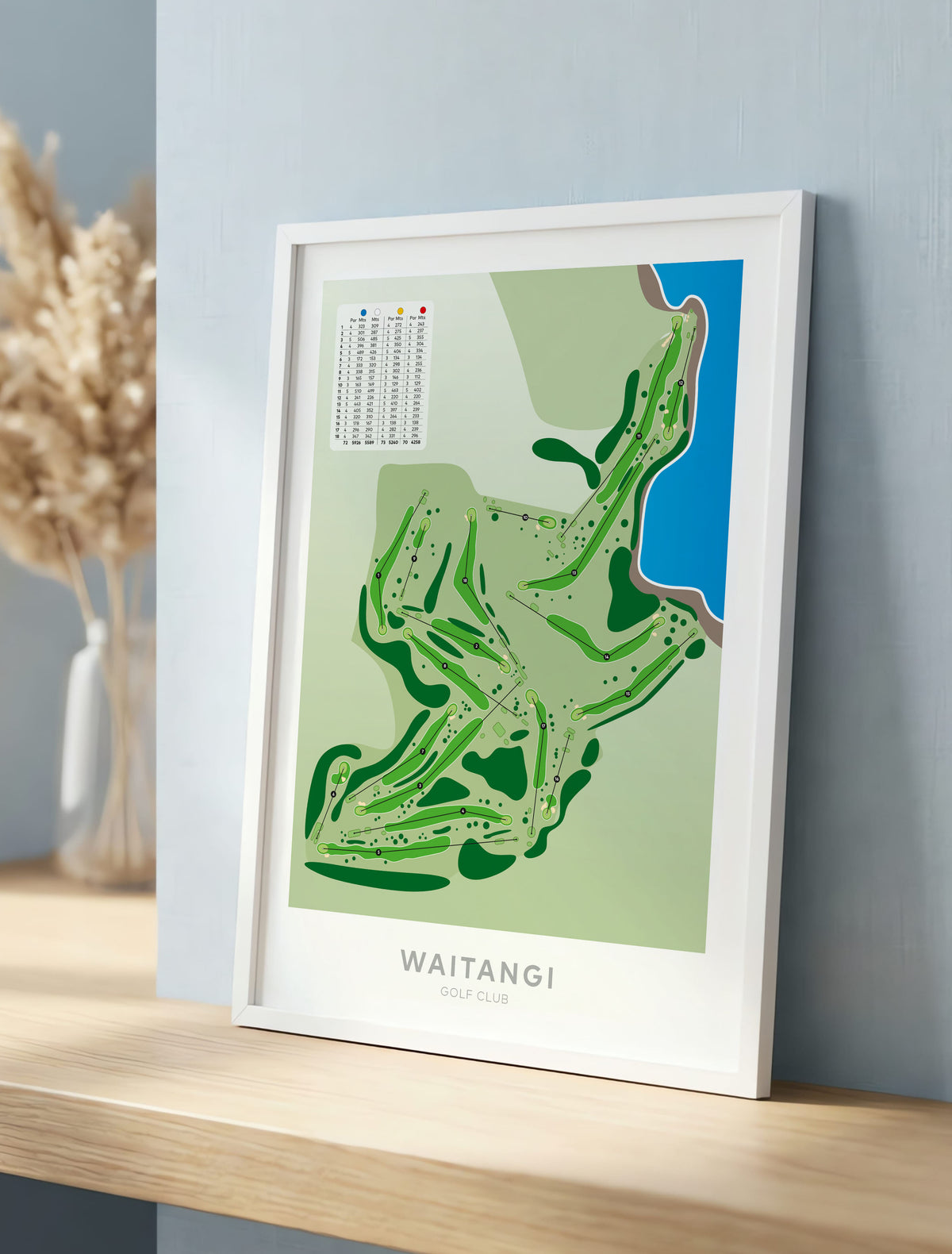 White framed Minimalist fine art map of Waitangi Golf Course, Northland, New Zealand
